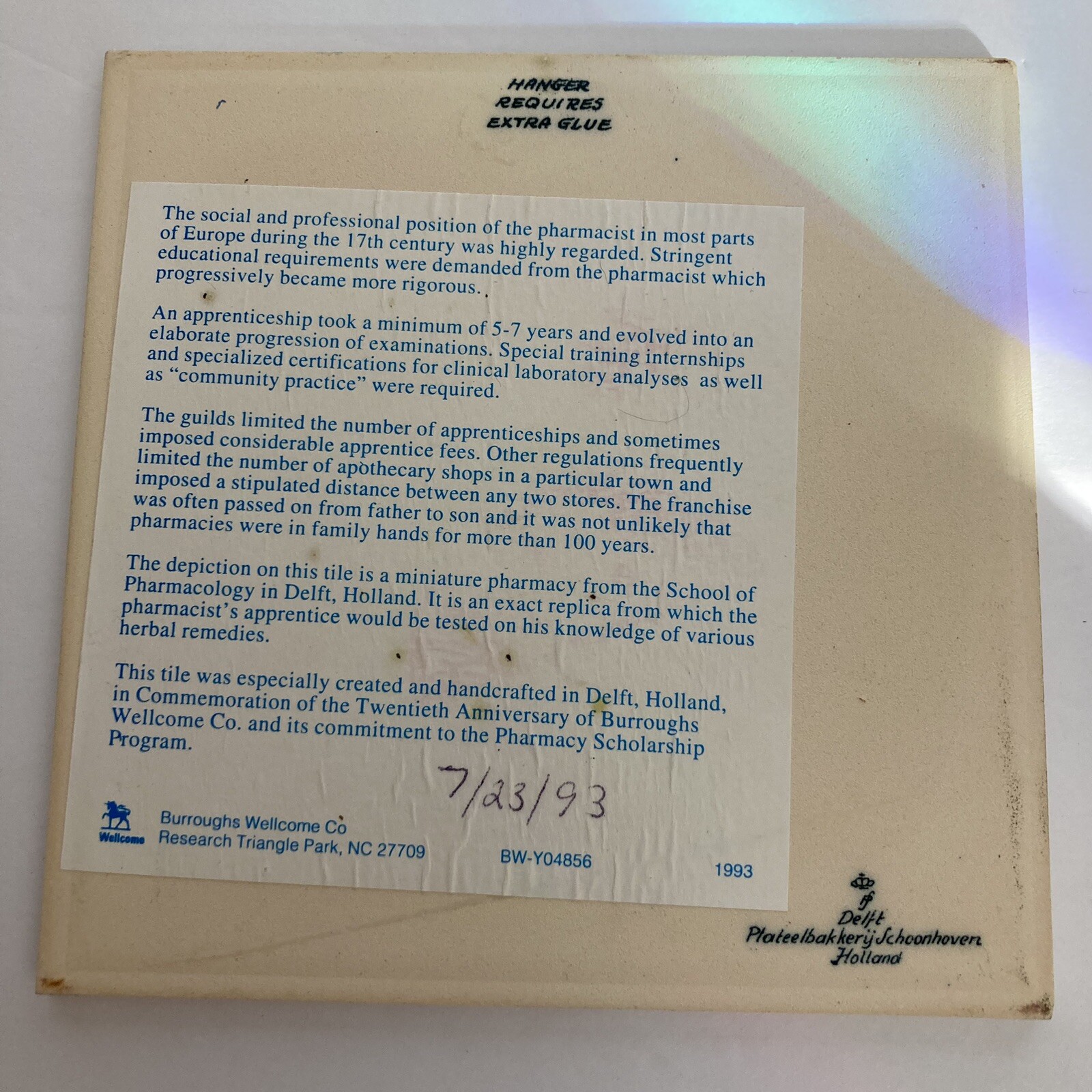 Vtg Delft Holland Hand Made 6” Ceramic Tile Womens Pharmacy Scholarship Program