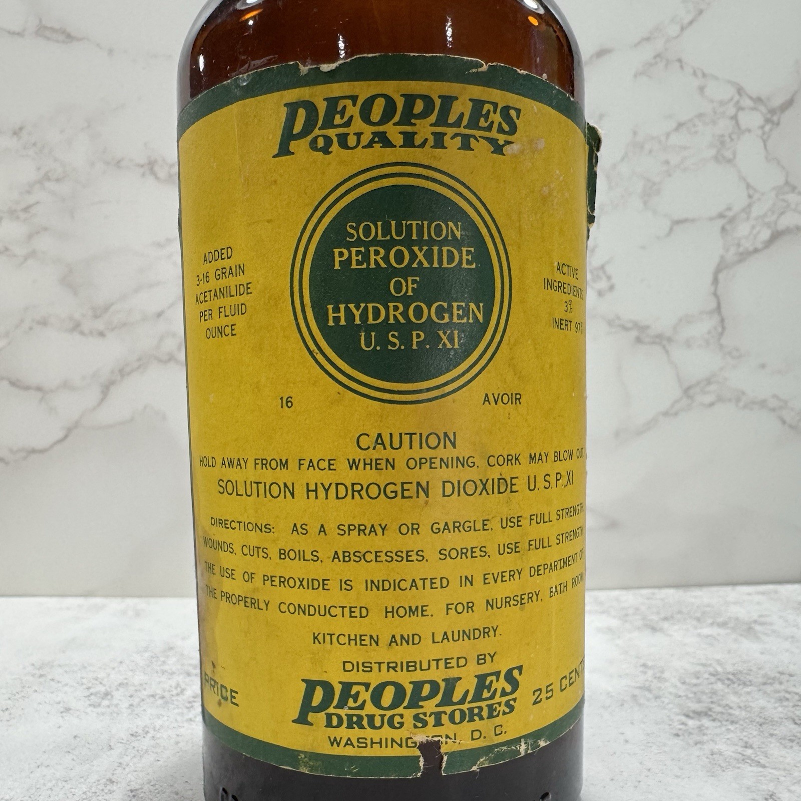 Vtg People’s Drug Store Peroxide of Hydrogen Glass Bottle Washington D.C. 16oz