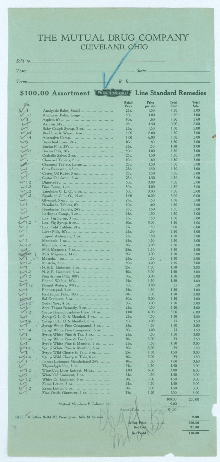 1900 Mutual Drug Company Cleveland OH Trade Flier Order $100 Assortment Pharmacy