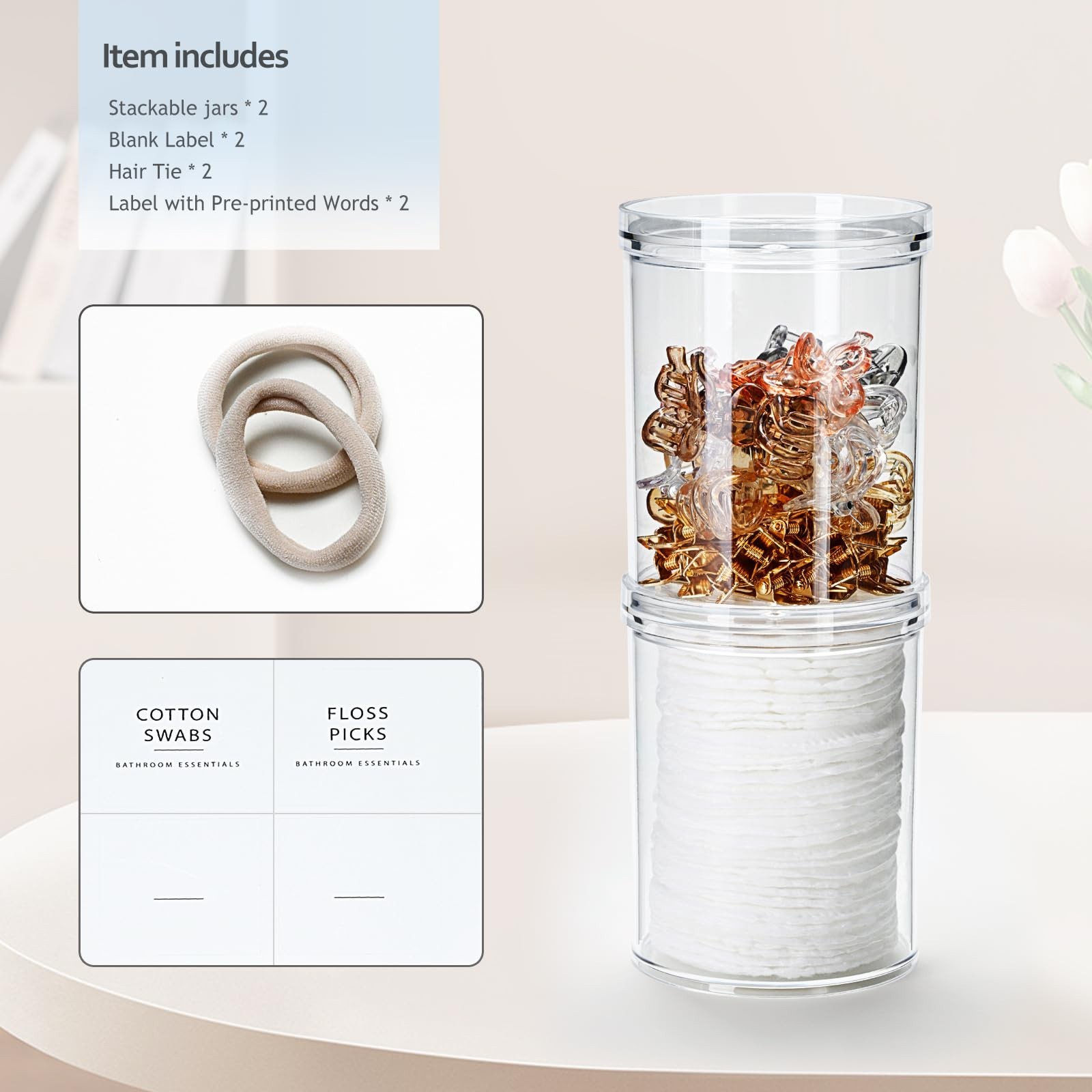 SheeChung 2-Pack Stackable Clear Qtip Holder – 10oz Crystal Apothecary Jars w…