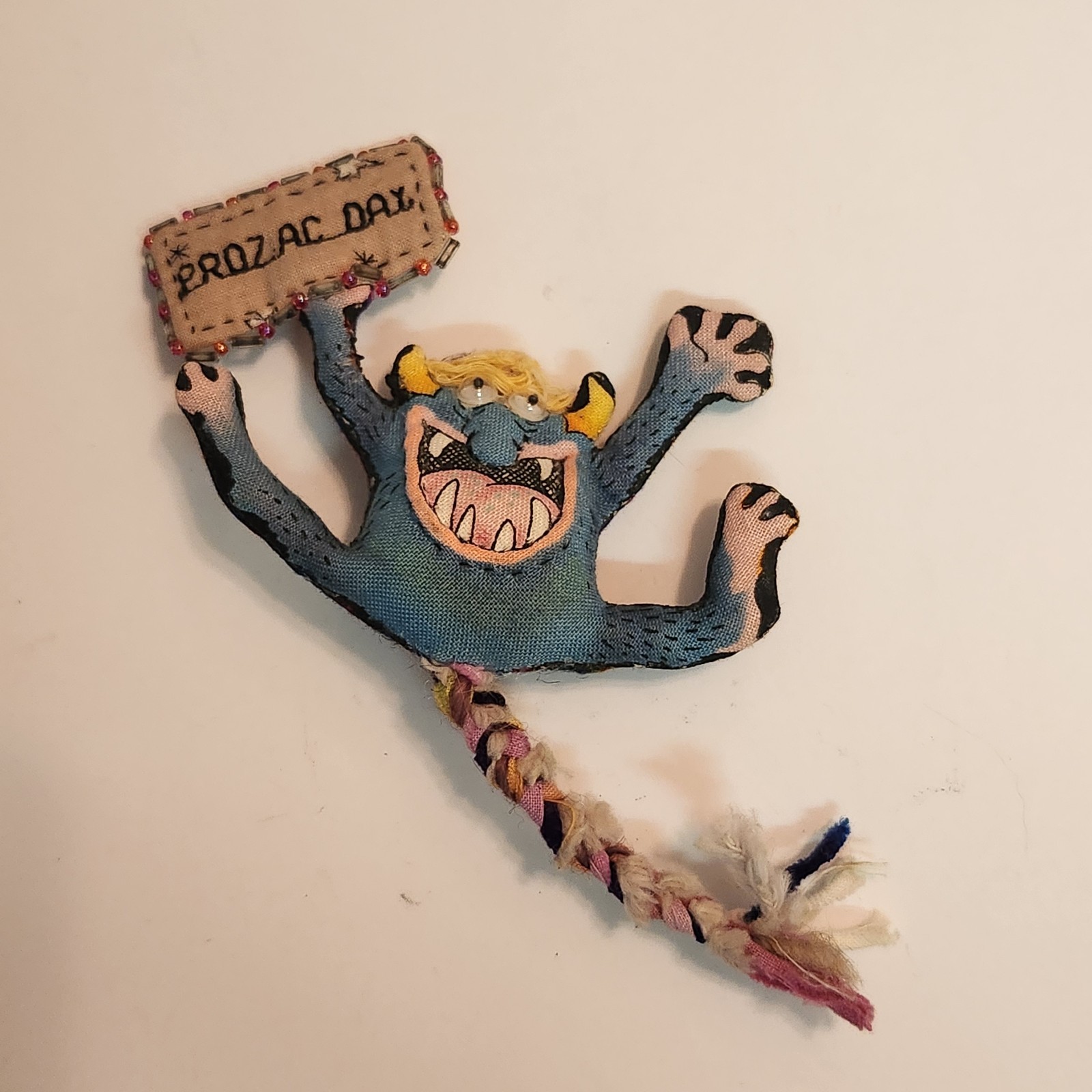 Vintage Hand Made ” Prozac Day ” Cloth Stuffed Goblin Monster Googley Eyes Pin