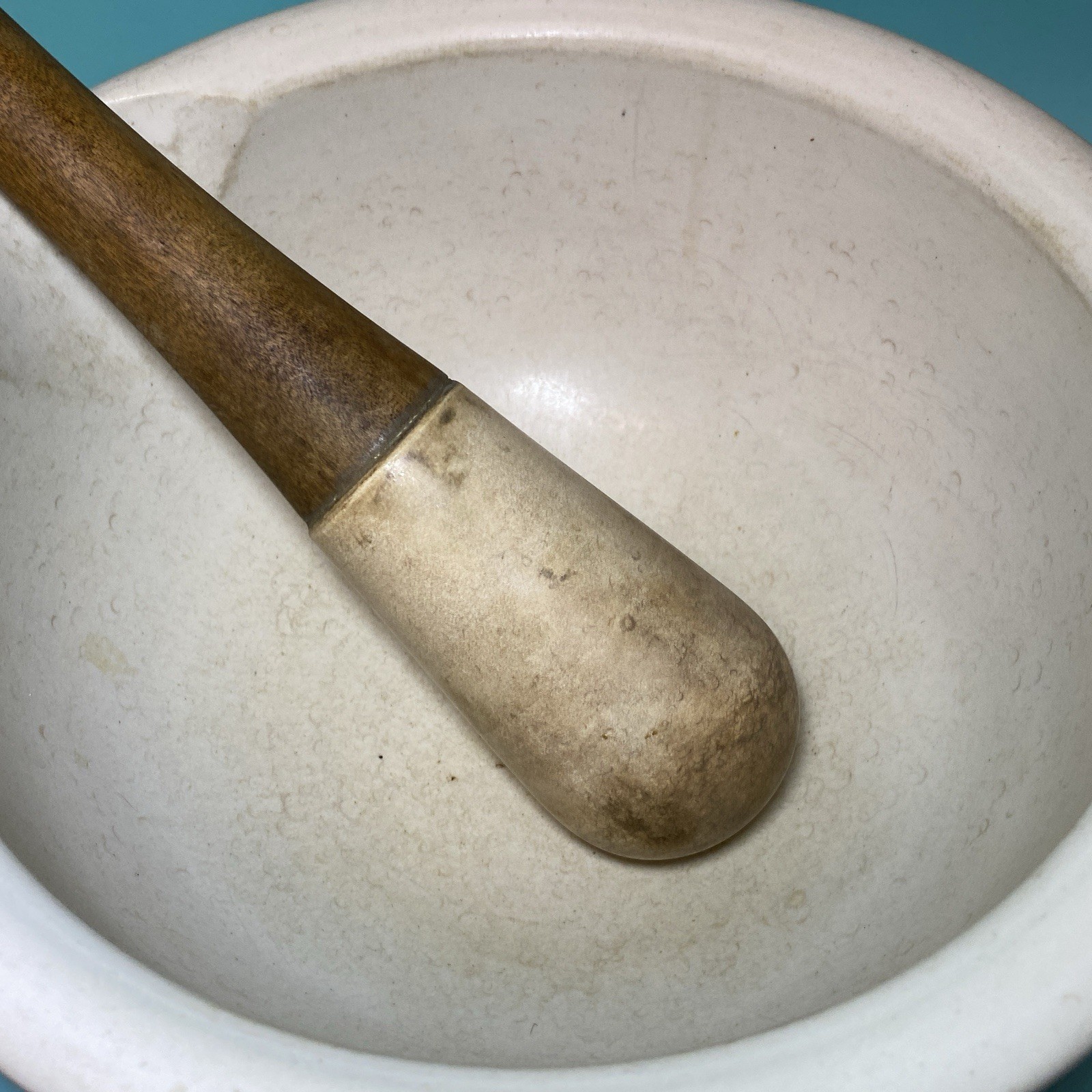 Vintage MORTAR & PESTLE Ceramic & Wood Pharmacy Apothecary HUGE 10” WH3