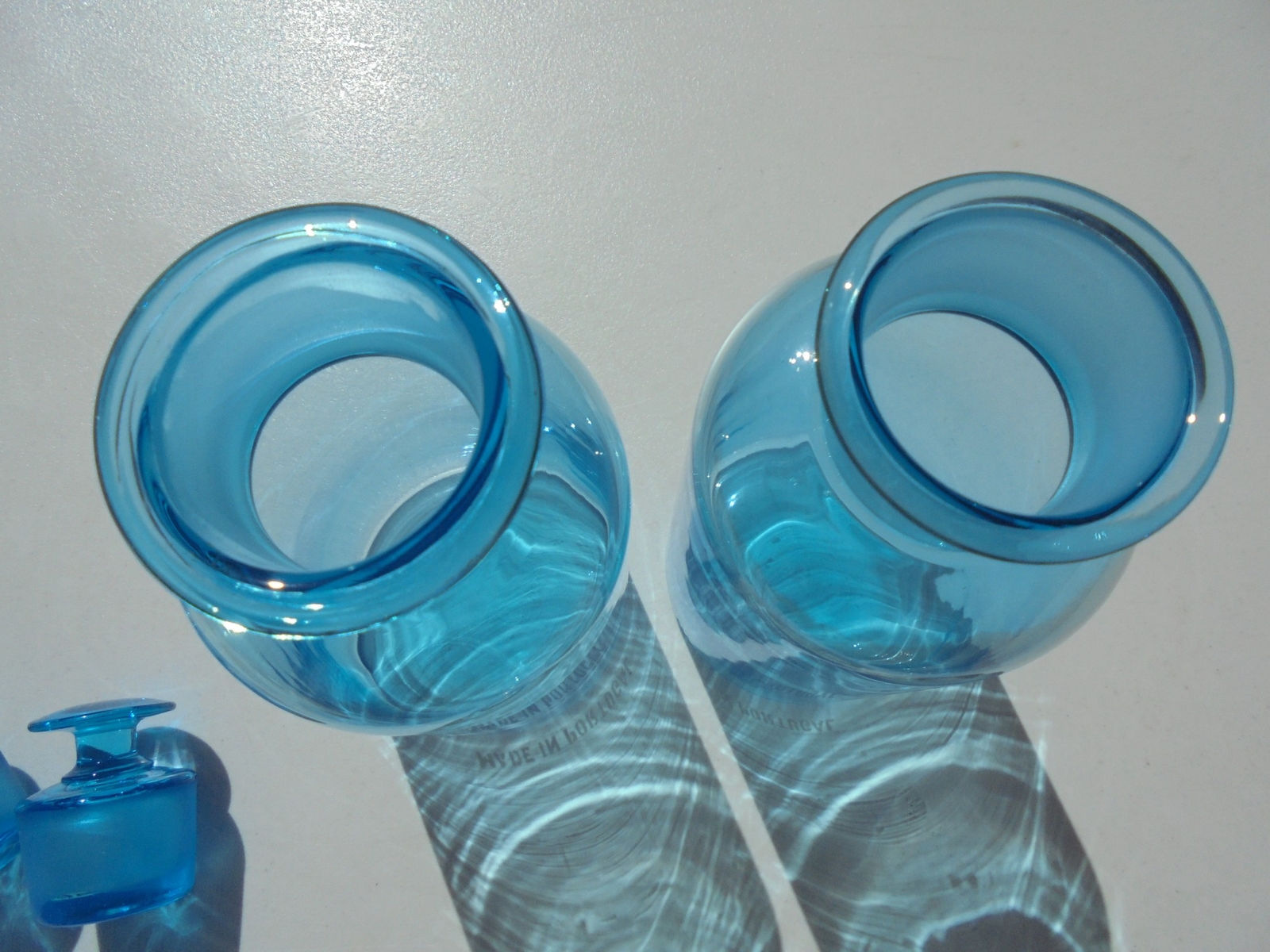 Pr Vintage Blue Glass Apothecary Jars Made in Portugal Ground Stoppers 8 3/8″