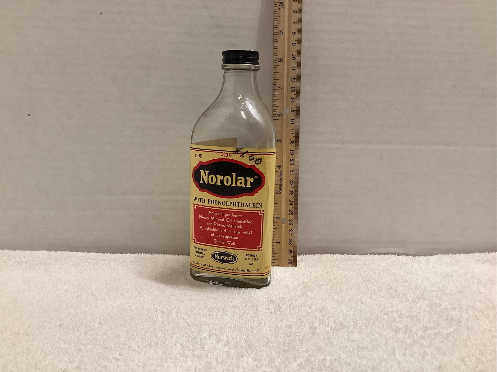 Vtg 1 Pint Pharmacy Glass Bottle Norolar Mineral Oil Constipation Remedy Empty
