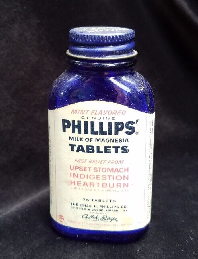 Old Empty Advertising Medicine BLUE Bottle Phillips Tablets Sterling Drug NY