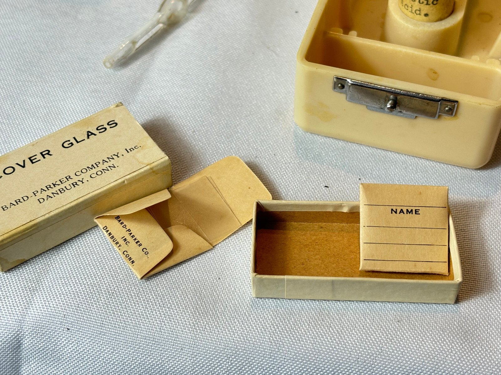 Art Deco BARD PARKER Blood Test Kit Dropper Cover Glass Empty Bottles & Cotton