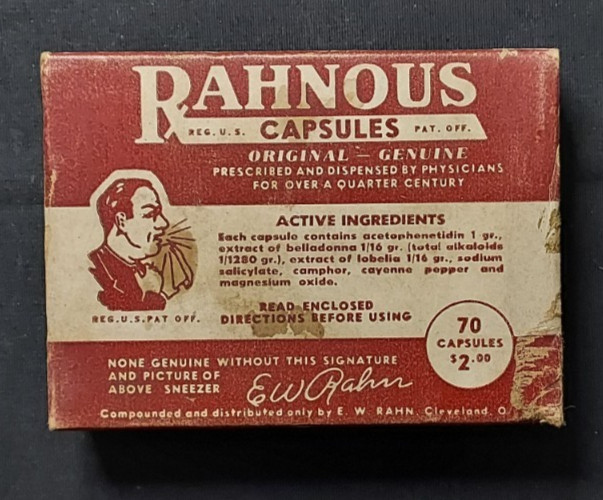New Old Stock Medicine Box Rahnous Capsules EW Rahn Cleveland OH Hay Fever Colds