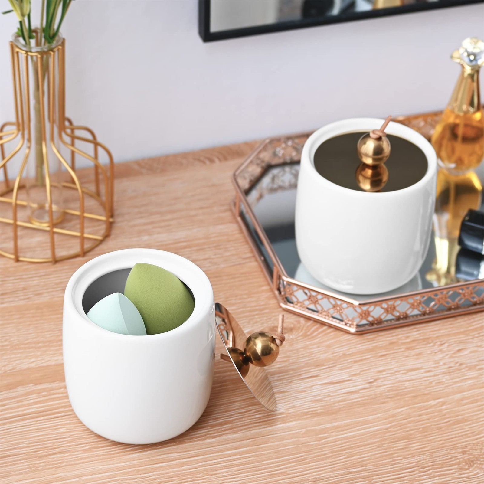 2 Pack Ceramic Qtip Holder Dispenser with Gold Lids, White Apothecary Jars Ba…