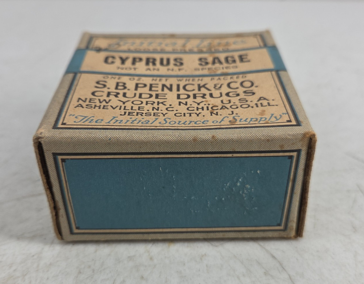 Antique Initial Line Cyprus Sage SB Penick Co Crude Drugs NY NOS Sealed Box