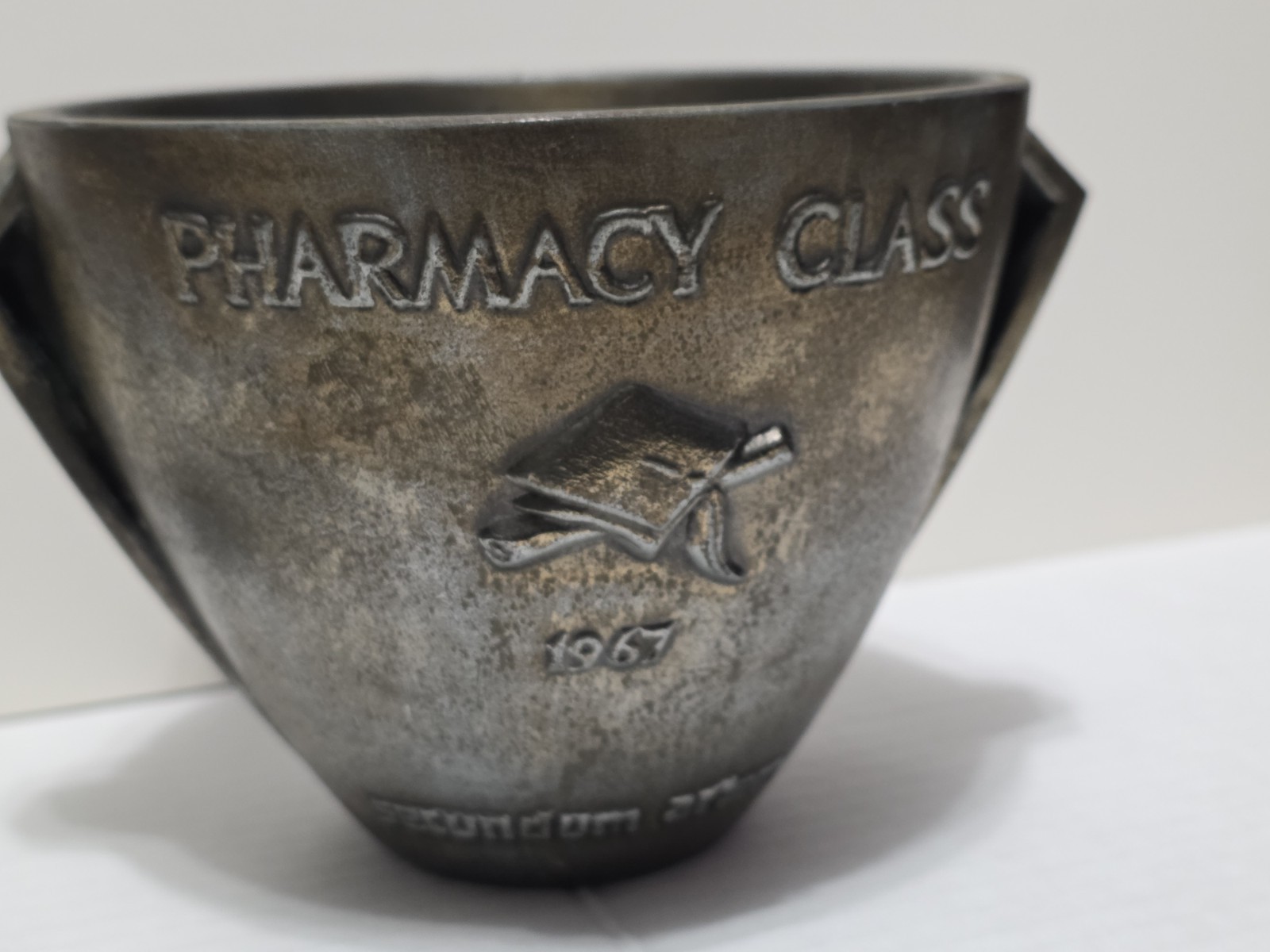 Vintage 1967 Cast Iron Pharmacy Class Mortar & Pestle Rx Graduation