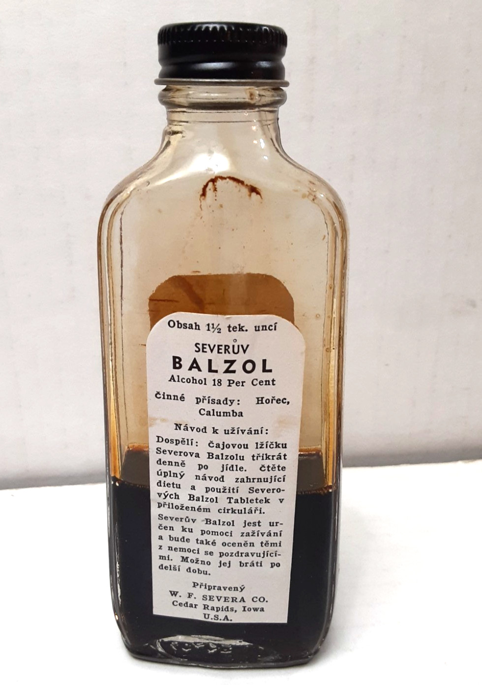 Vintage 1930’s-40’s SEVERA’S BALZOL Stomachic~W.F./Cedar Rapids, IA~18% Alcohol