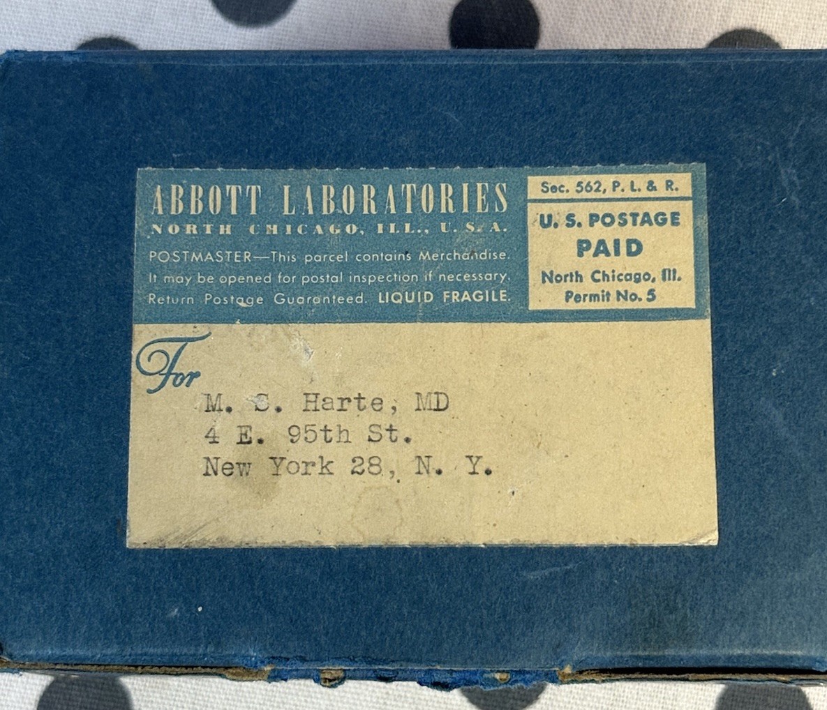 Vintage Pharmaceutical Cardboard Box W/Metal Corners Empty Abbott Labs Medicine