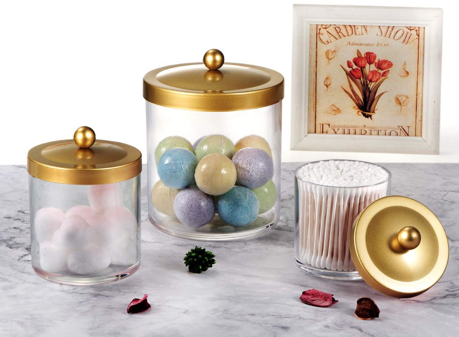 SheeChung 3-Pack Plastic Apothecary Jars with Gold Metal Lids – Large 50oz, 2…