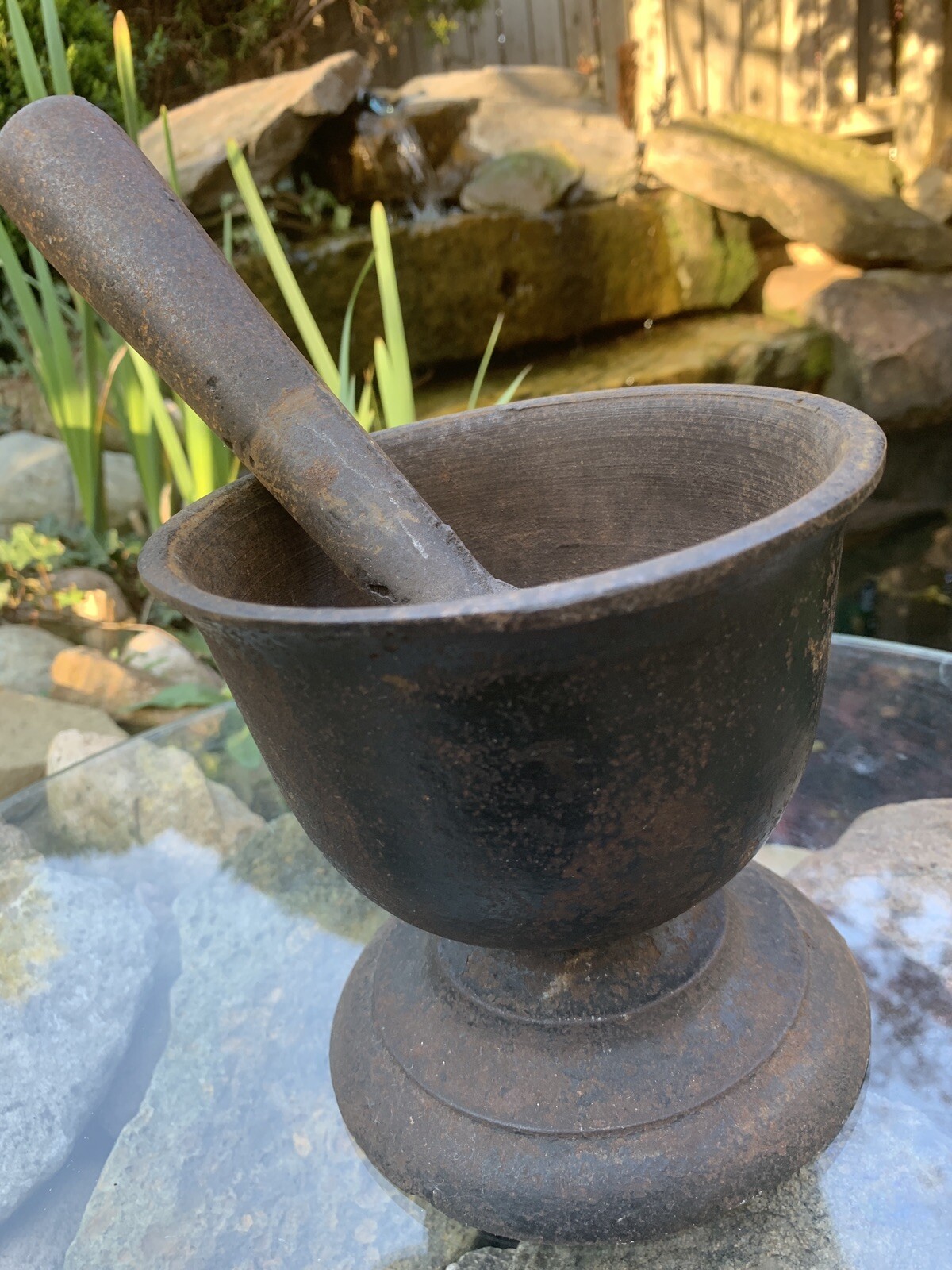 Rare Antique Primitive 19th Century Apothecary Cast Iron Mortar and Pestle Rx