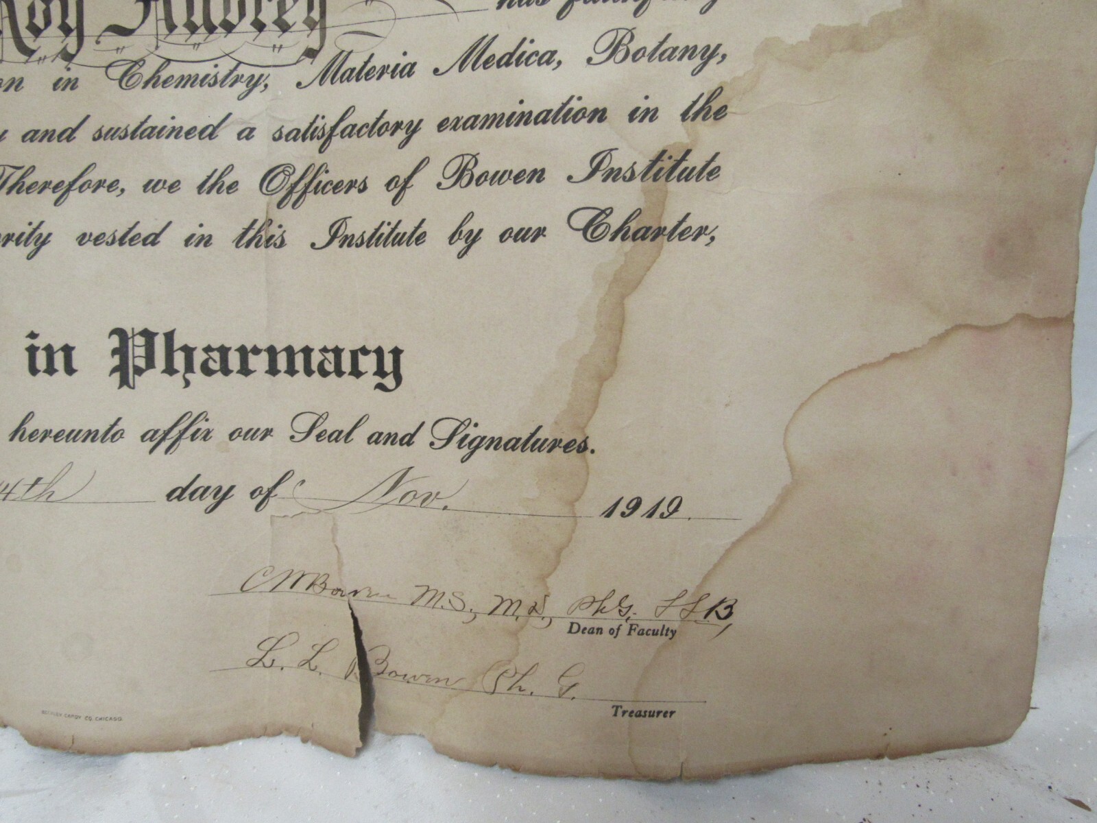 Vtg Bowen Institute of Pharmacy Graduation Certificate Nov. 14, 1919 Roy Aubrey