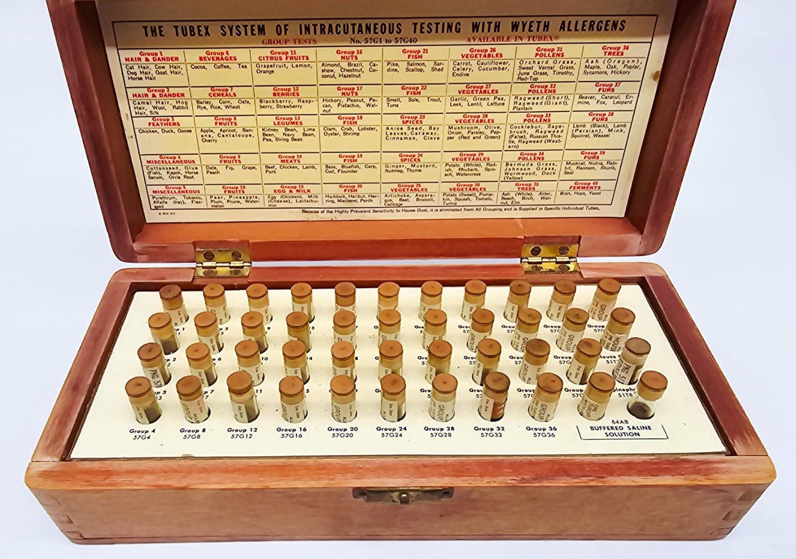 Wyeth Allergy Test Kit Vintage Extracts 1955 Intracutaneous Wood Box + 44 Vials