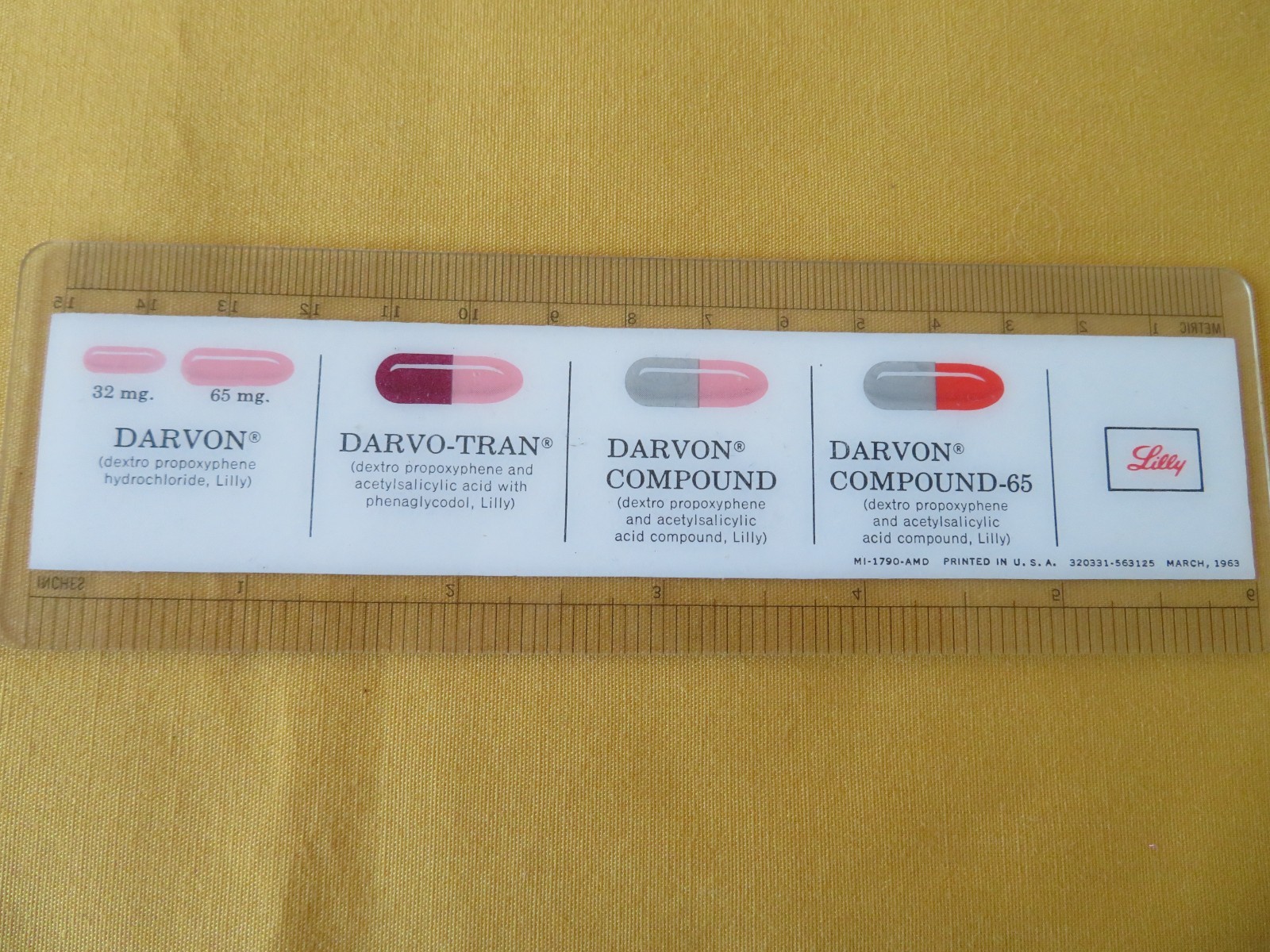 Vintage Lilly Promo 6 Inch Ruler Darvon Compound 65 Darvocet-RARE- 1963 USA