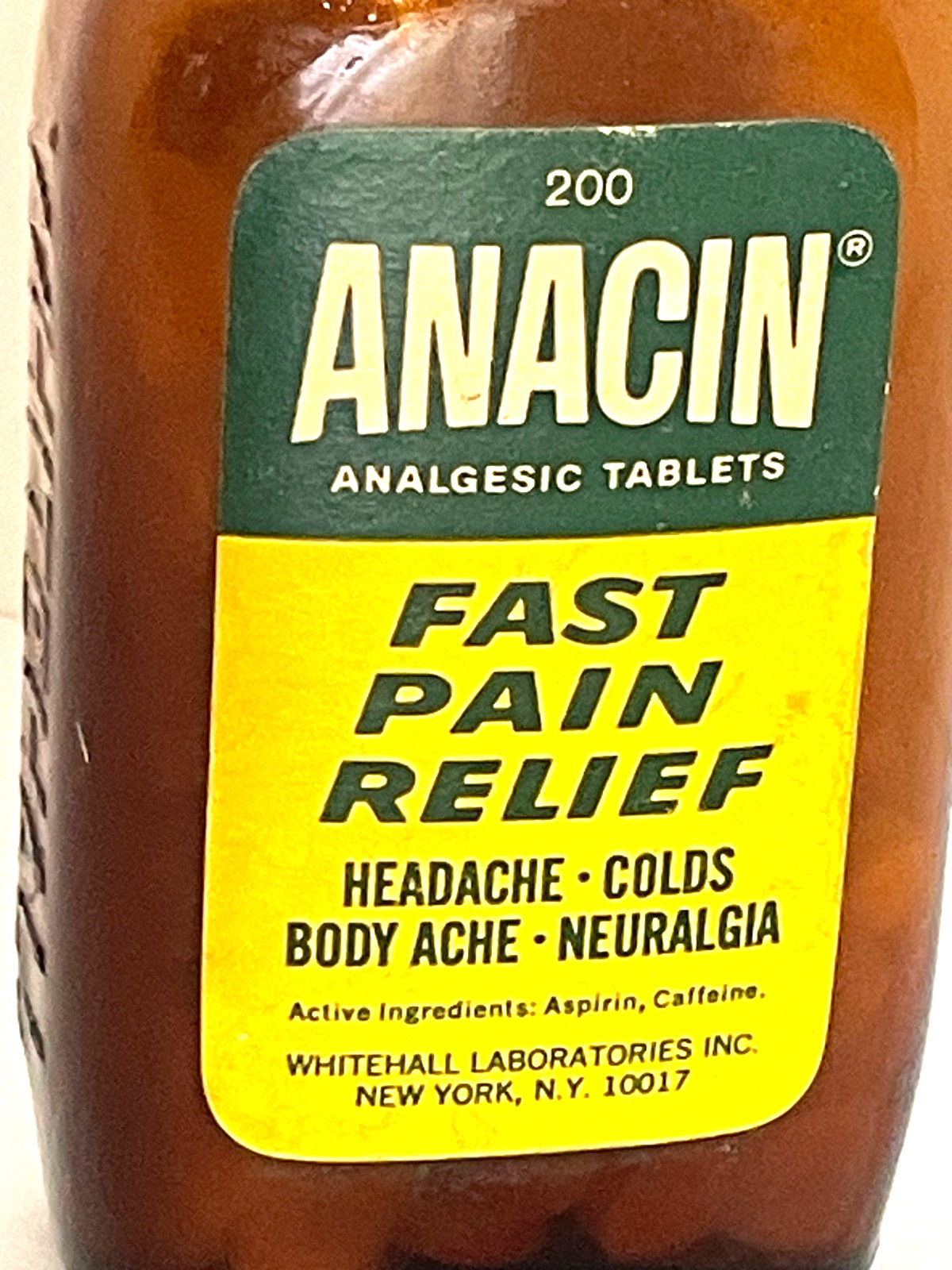 Vin. 1979 ANACIN Analgesic 200 Tablets Brown Glass Bottle Metal Cap, Paper Label