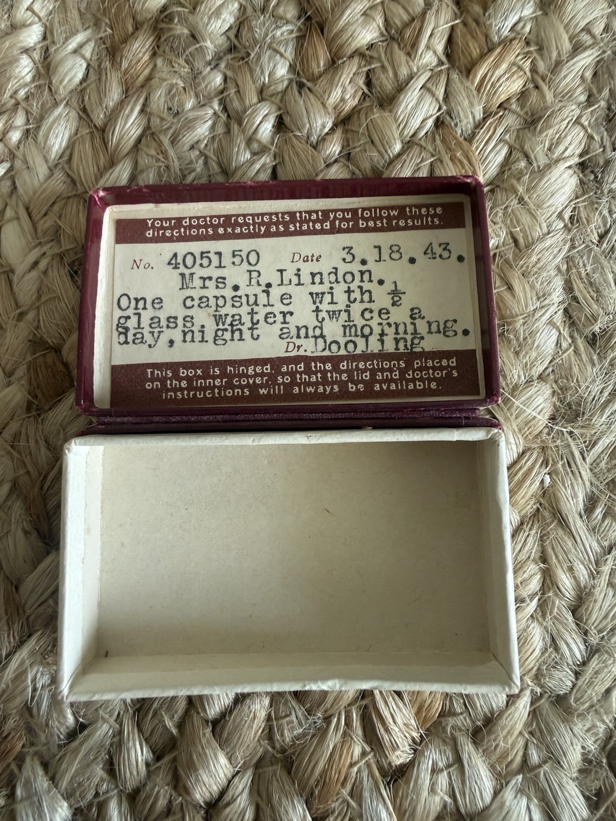 Vintage 1943 Medicine Prescription Box Apothecary Memorabilia Mount Vernon NY