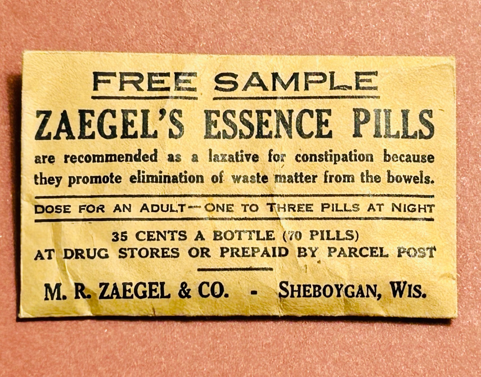Antique Sample Historical Medicine ZAEGEL’S ESSENCE PILLS LAXATIVE Sheboygan WIS