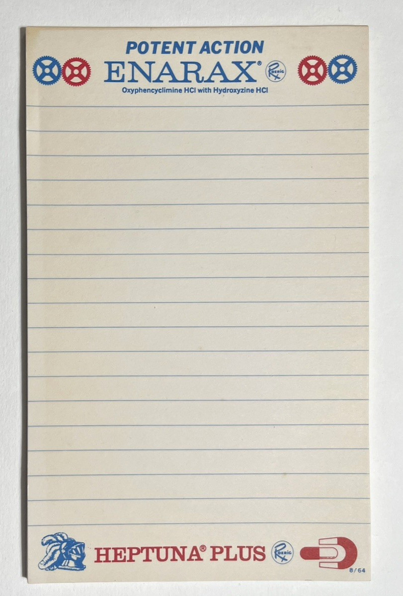 Vintage 1960s – Pharmaceutical Medicine Note Pad Enarax Roerig – 8″x 5″