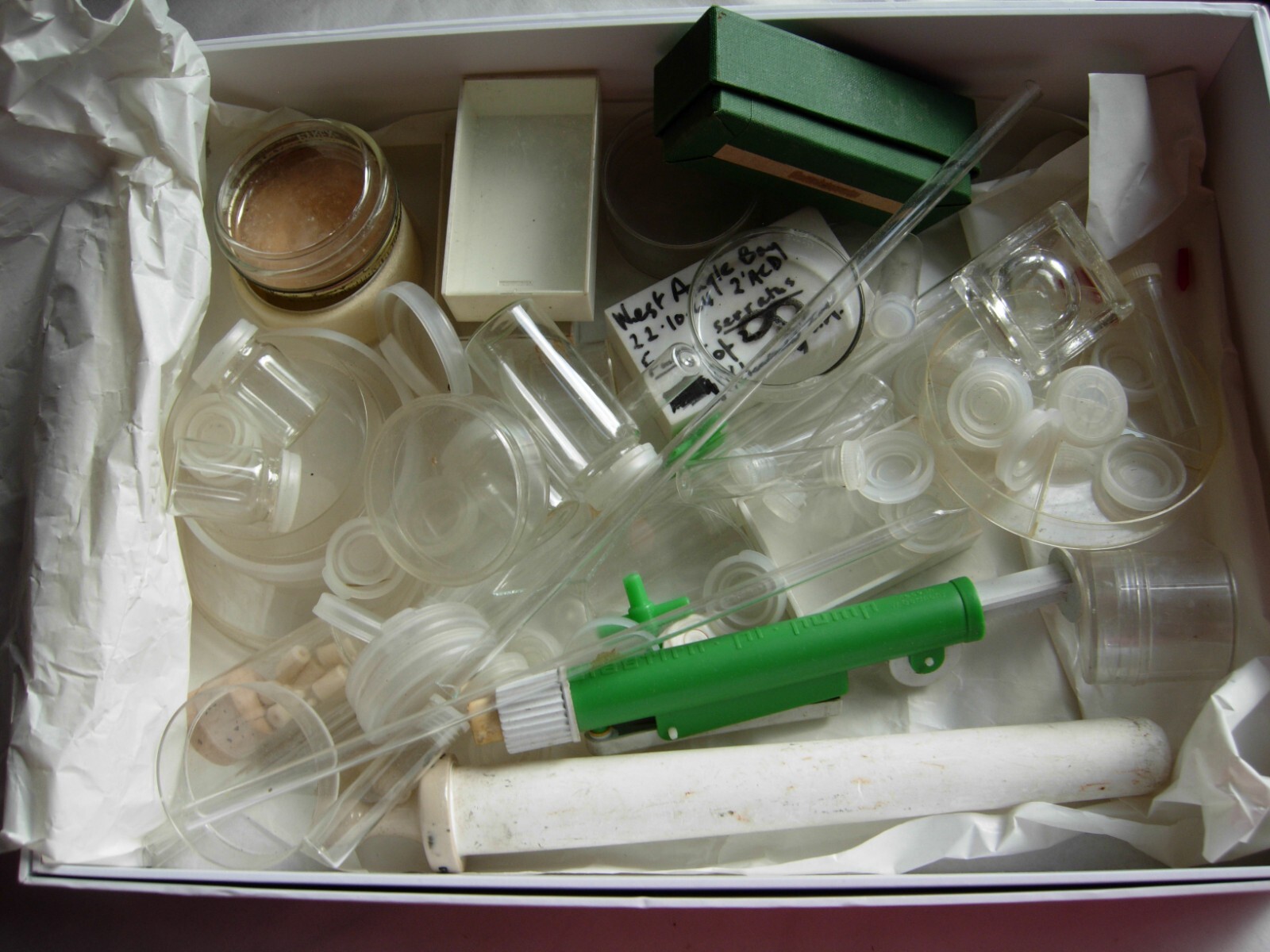 Collection interestesting scientific glassware dishes, slides, tubes