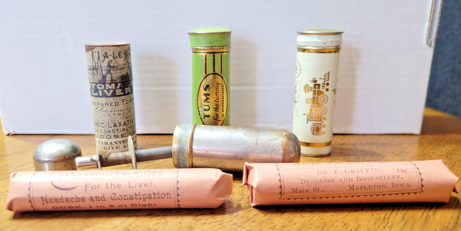 Vintage RX medicine cylinders – TUMS, Lydia Pinkham dispenser plus