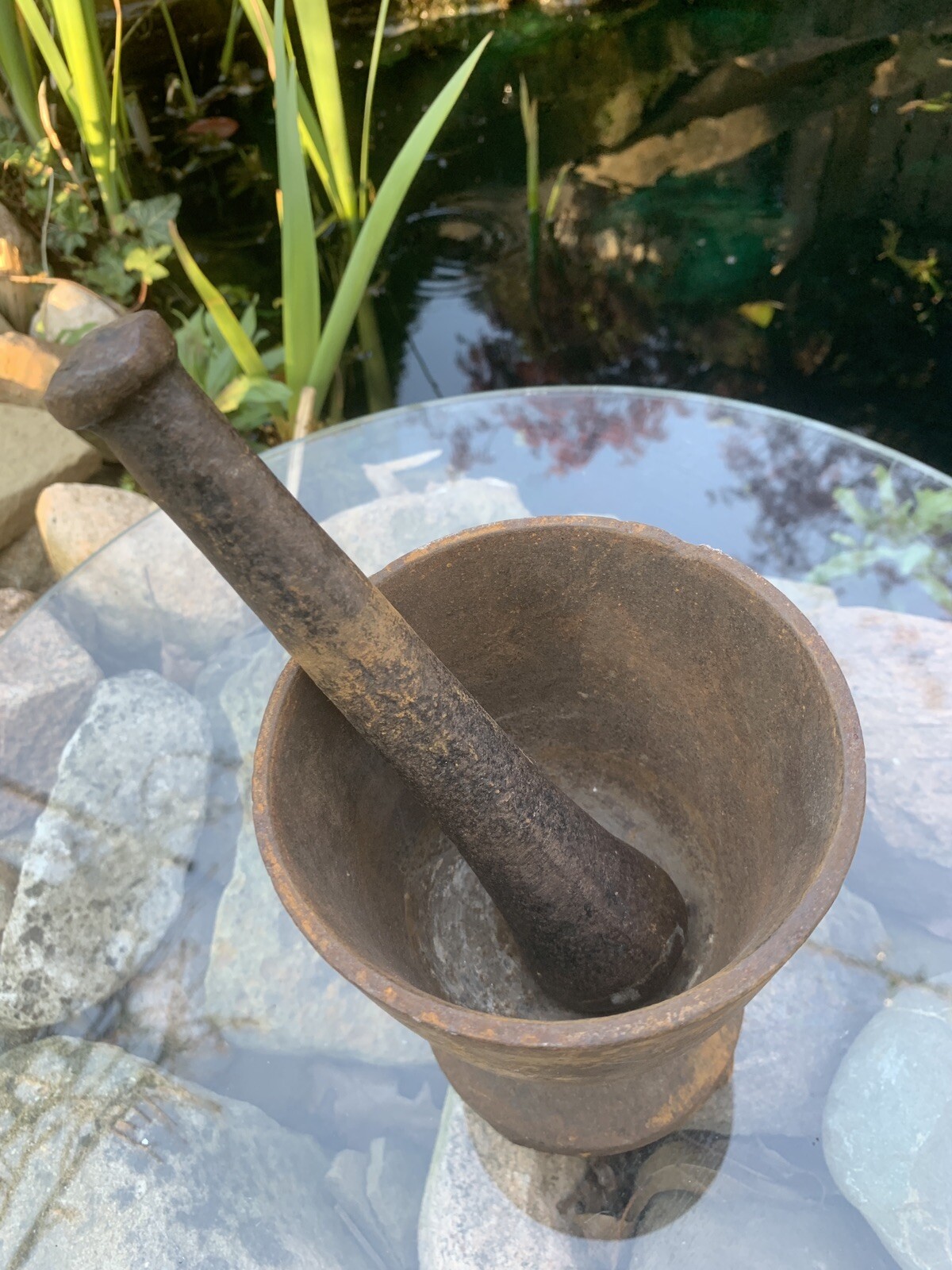 Rare Antique Primitive 19th Century Apothecary Cast Iron Mortar and Pestle Rx