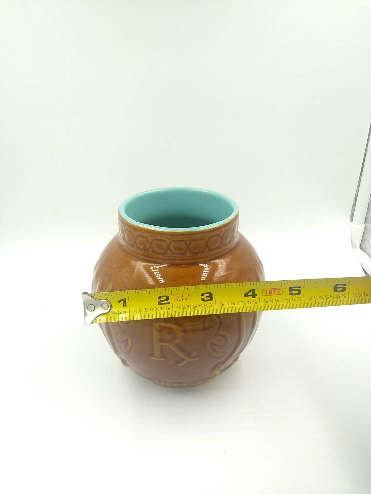 Vintage Schering Pharmacy RX jar crock Brown turquoise Mortar Vase Pottery 5″