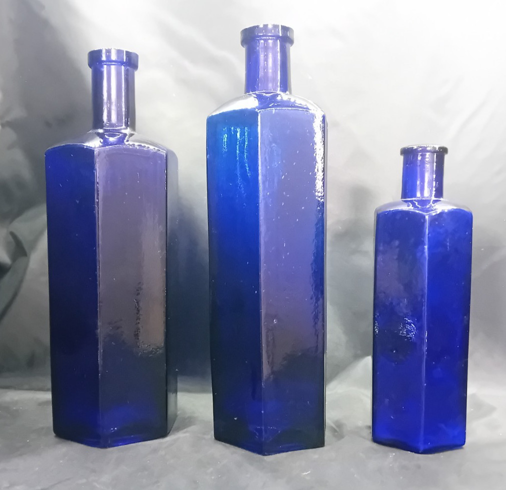 3 Antique Vintage Cobalt Blue Glass Poison Chemist Pharmacy Bottles 2 x 20oz