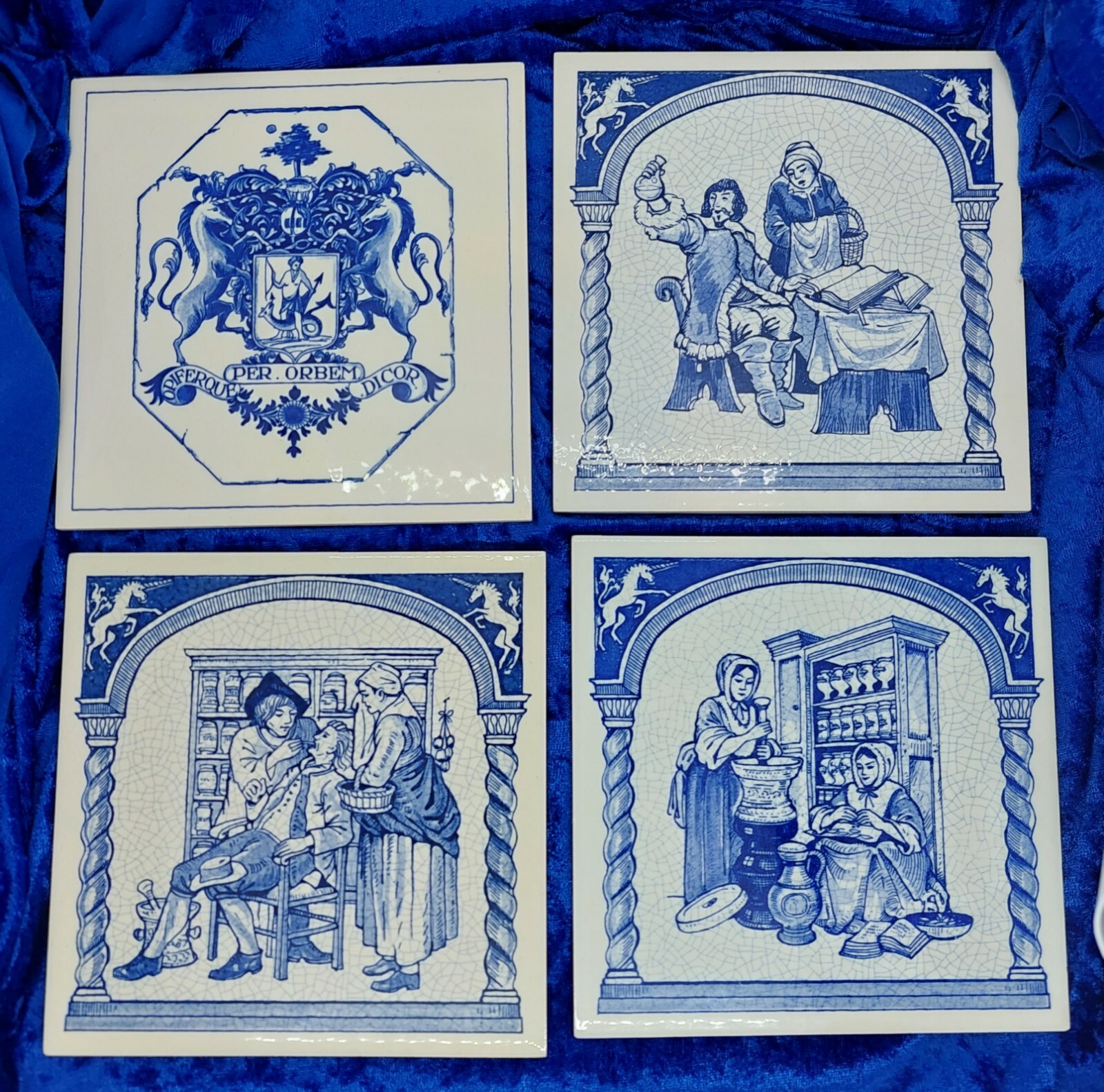 BURROUGHS Pharmacy Tiles Handmade DELFT set 4 MD Dr Dentist Office gift medical