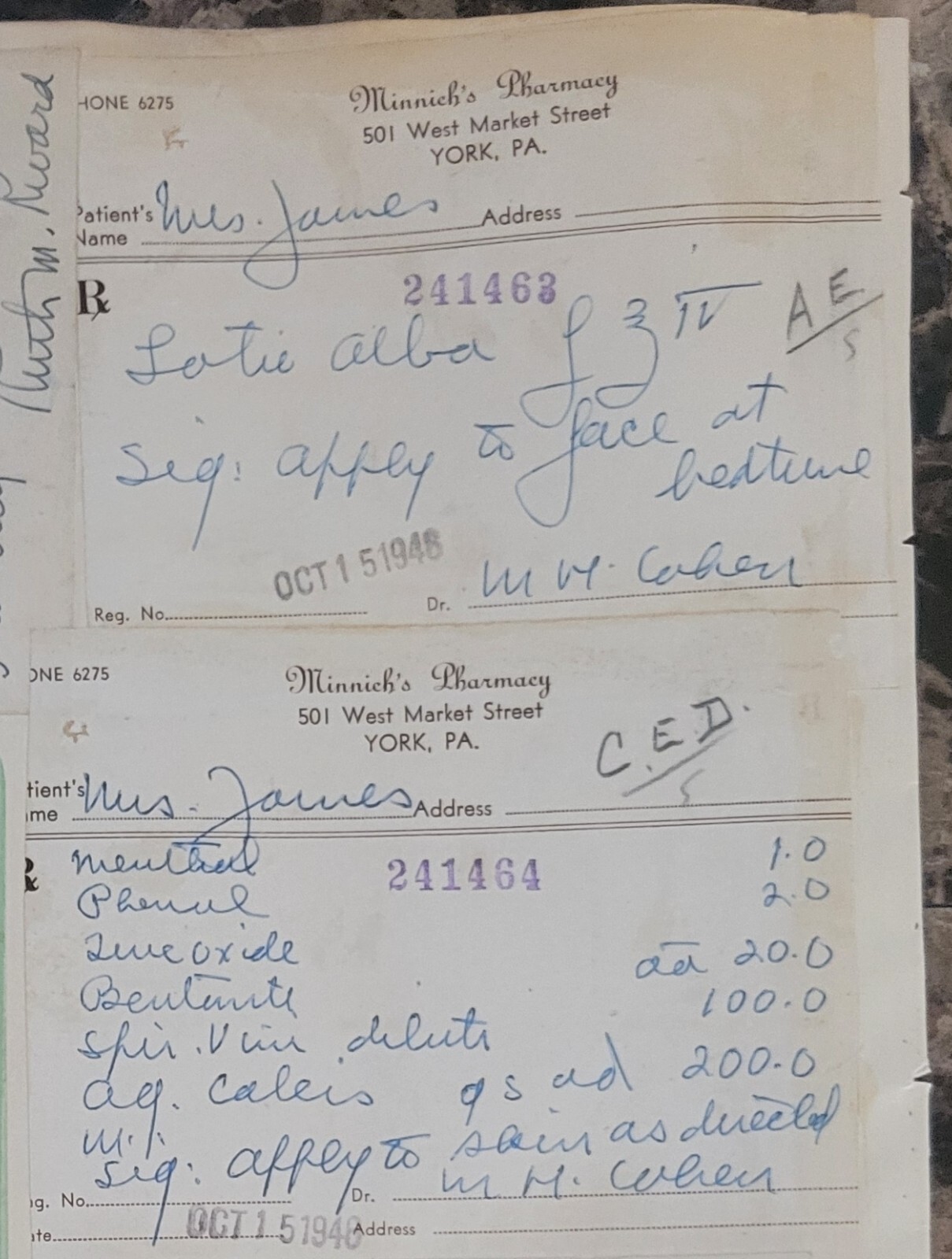 1946 2-sided Pharmacy Ledger Page – 16 vintage prescriptions – ERGOT