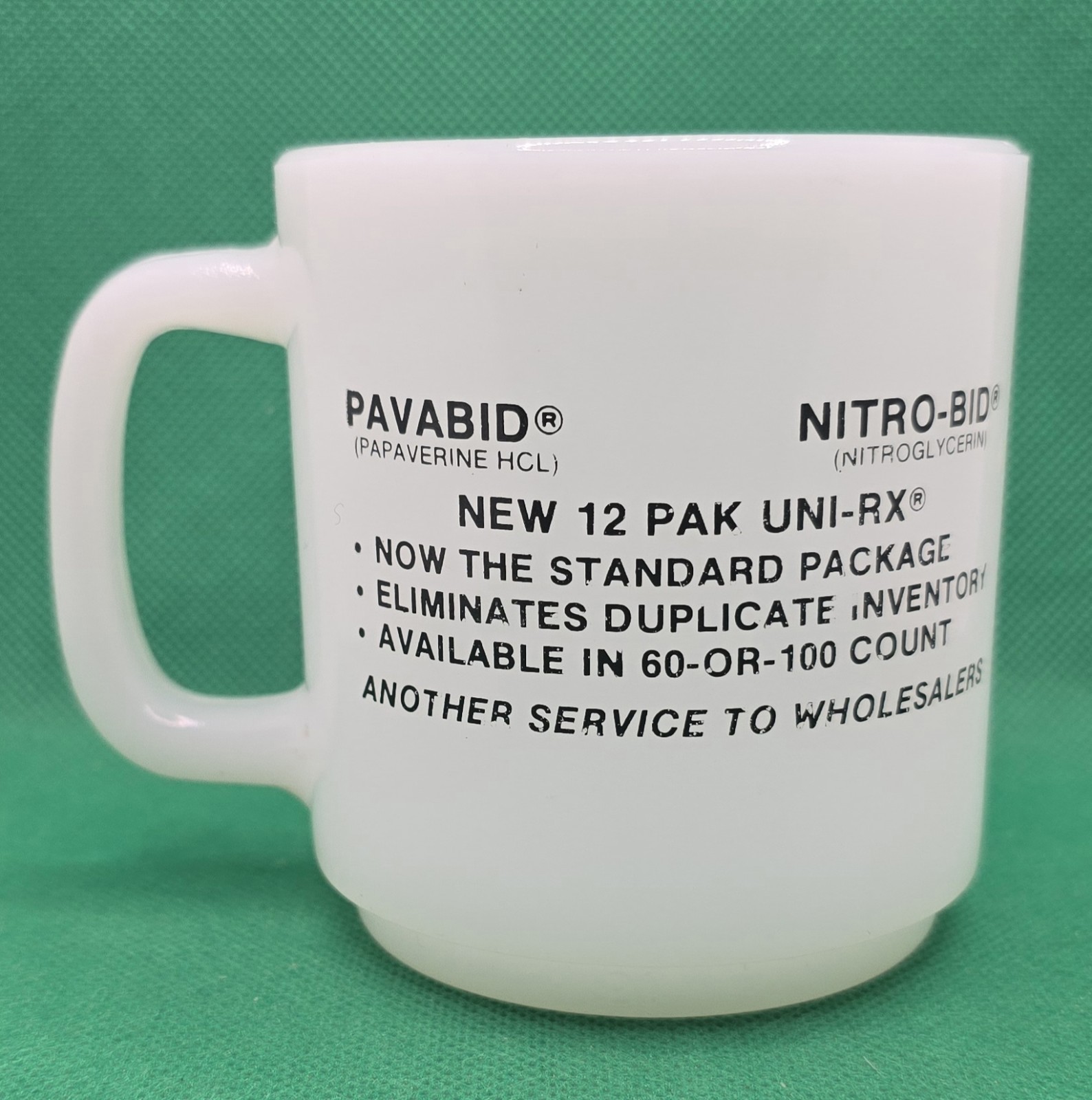 Vintage Pharmaceutical Milk Glass Mug Nitro-Bid Pavabid Marion Labs Glasbake