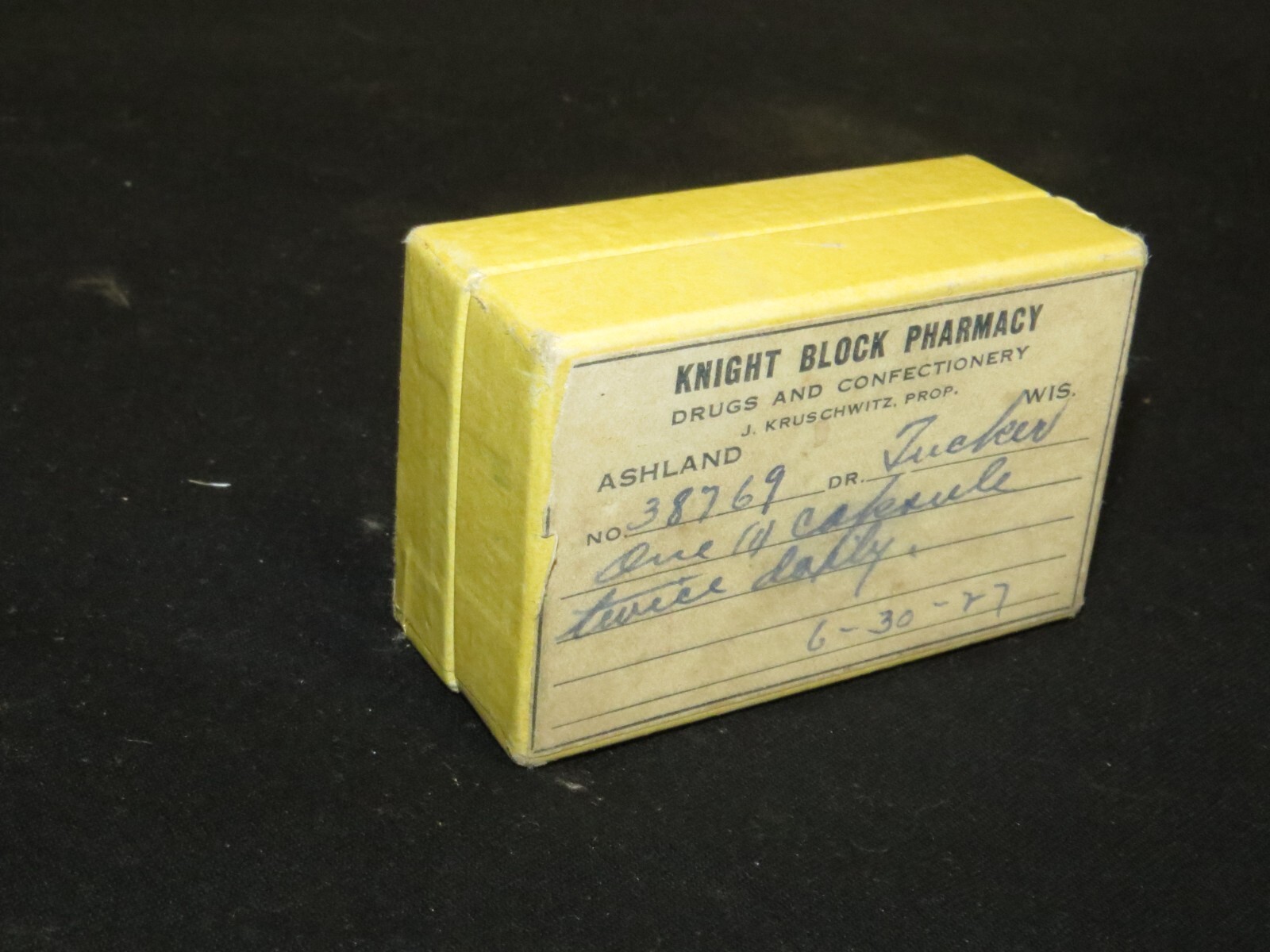 VINTAGE Prescription Cardboard Pill Box “Knight Block Pharmacy” Ashland, WI 1927
