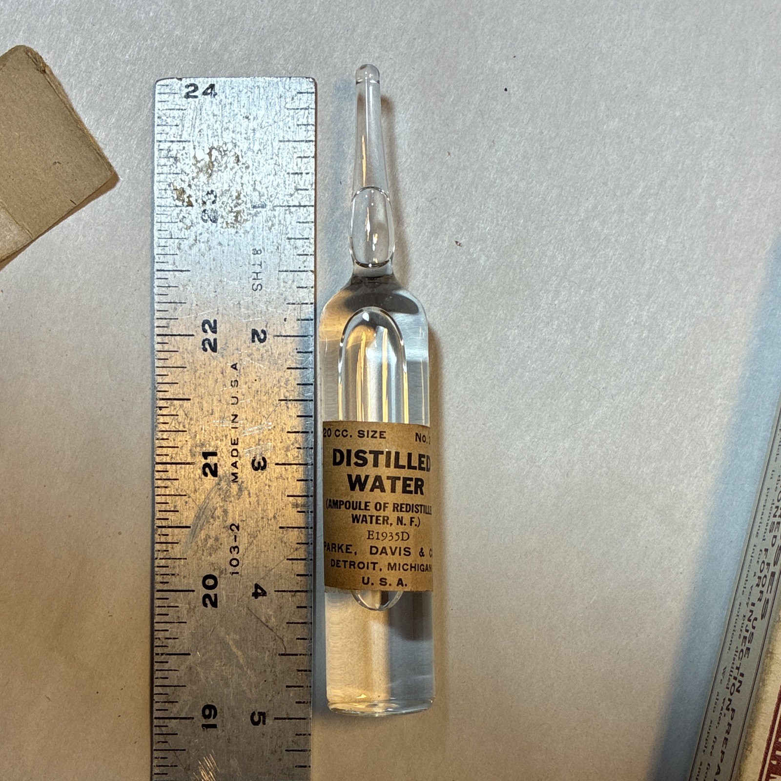 Parke Davis & Co. Distilled Water Glassptic Glass Ampoule 20cc in Box 1935
