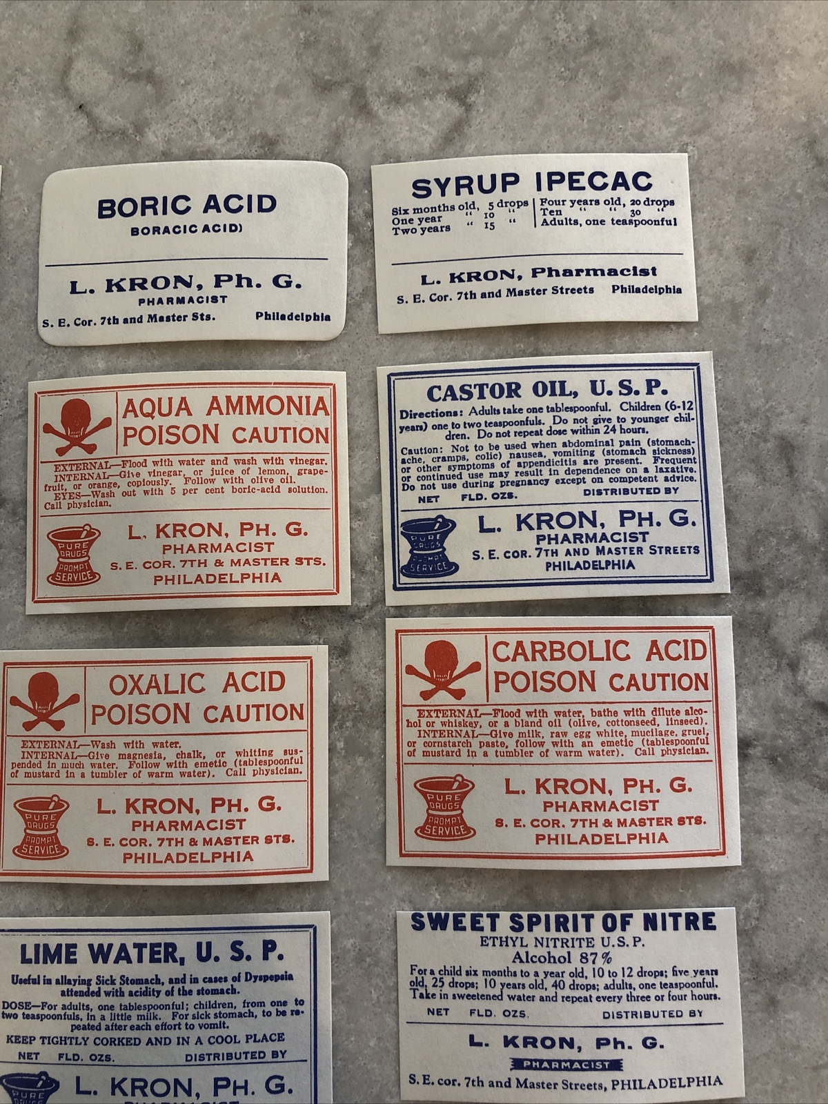 Lot 24 Antique Medicine Bottle Labels Opium, Poison – L. Kron Ph. G. Phila.