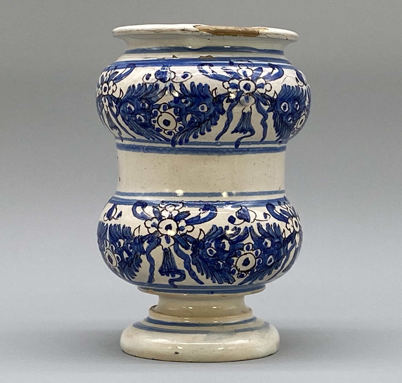 c. 1730 Italian Majolica Nove Waisted Blue & White Albarello Drug Pharmacy Jar