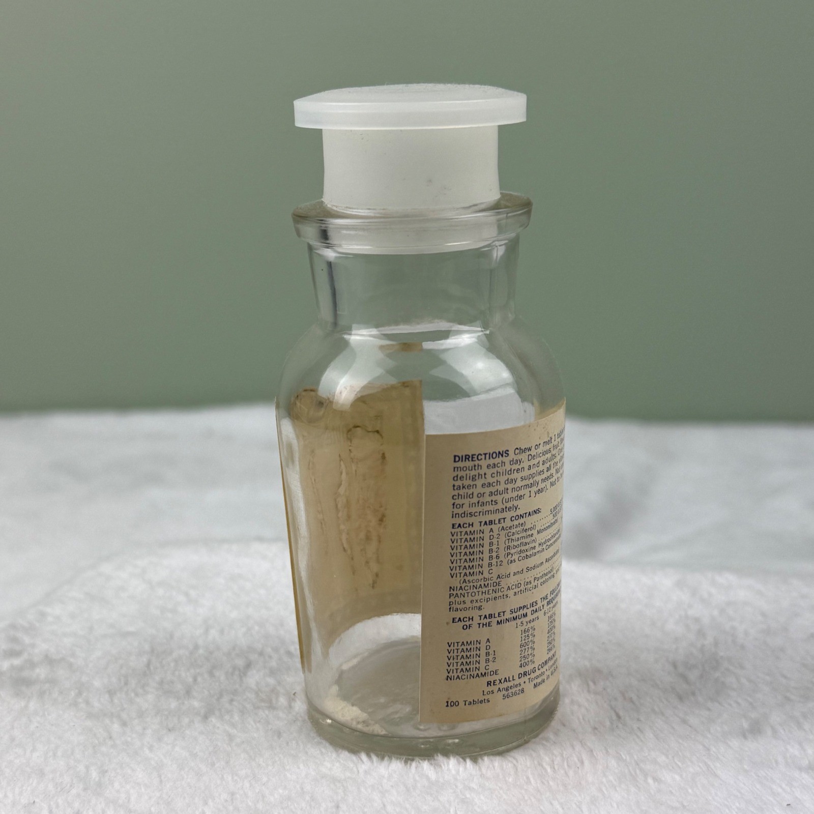 Vintage Rexall MinuteMan Childrens Chewable Multiple Vitamins Glass Bottle 4.5″