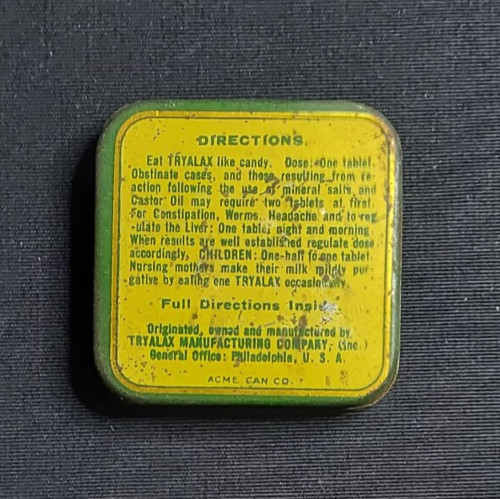 New Old Stock Medicine Tin Tryalax Chocolate Laxative Philadelphia Tryalox Mfg
