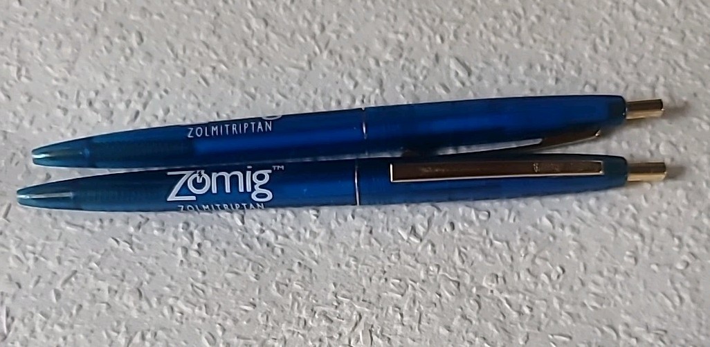 (2) ZOMIG drug promotional Blue Gold BIC CLIC Ballpoint Pen Pharmaceutical Adver
