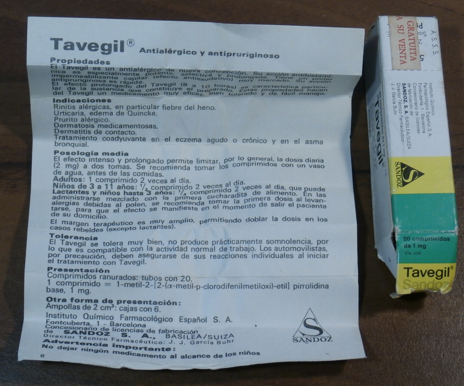 Vtg SANDOZ TAVEGIL MED.BOX Swiss (Barcelona)