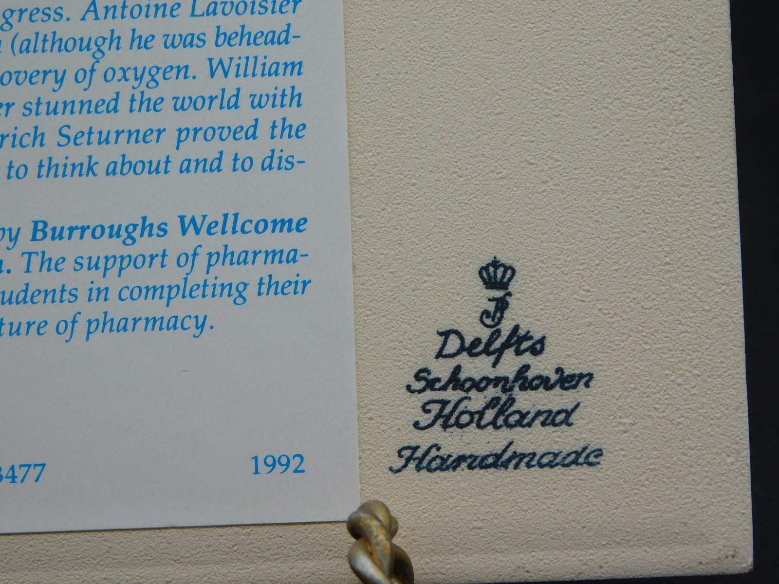 Delft Porcelain Pill Tile Burroughs Wellcome Co. Pharmacy Scholarship Apothecary