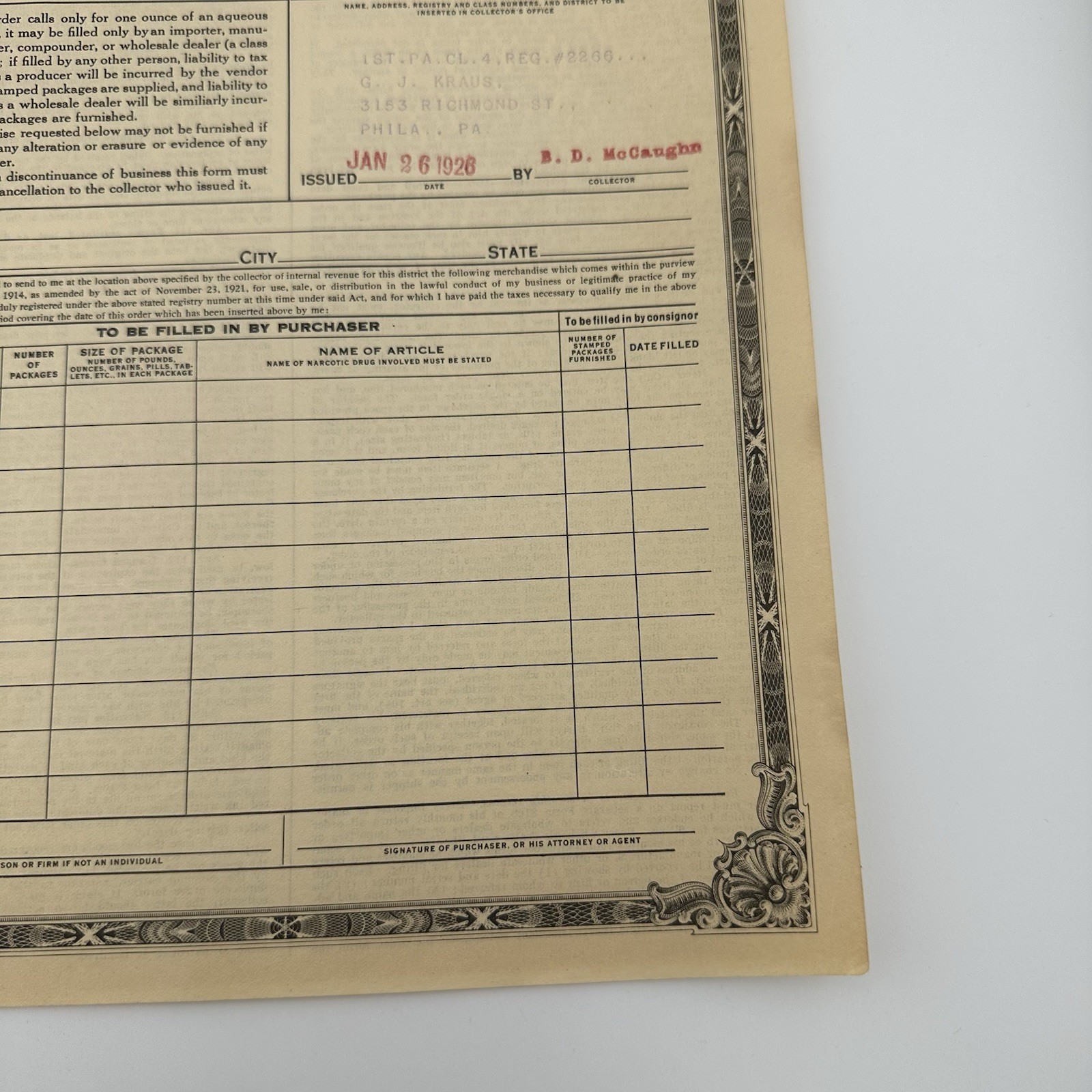 Vintage 1926 Treasury Department Opium Coca Leaves Order Form Philadelphia PA