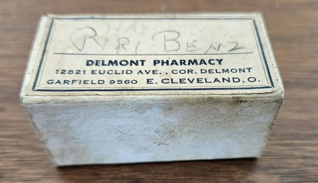E. Cleveland, OH VTG Empty Pharmacy Rx Pyribenzamine Allergy pill box Delmont