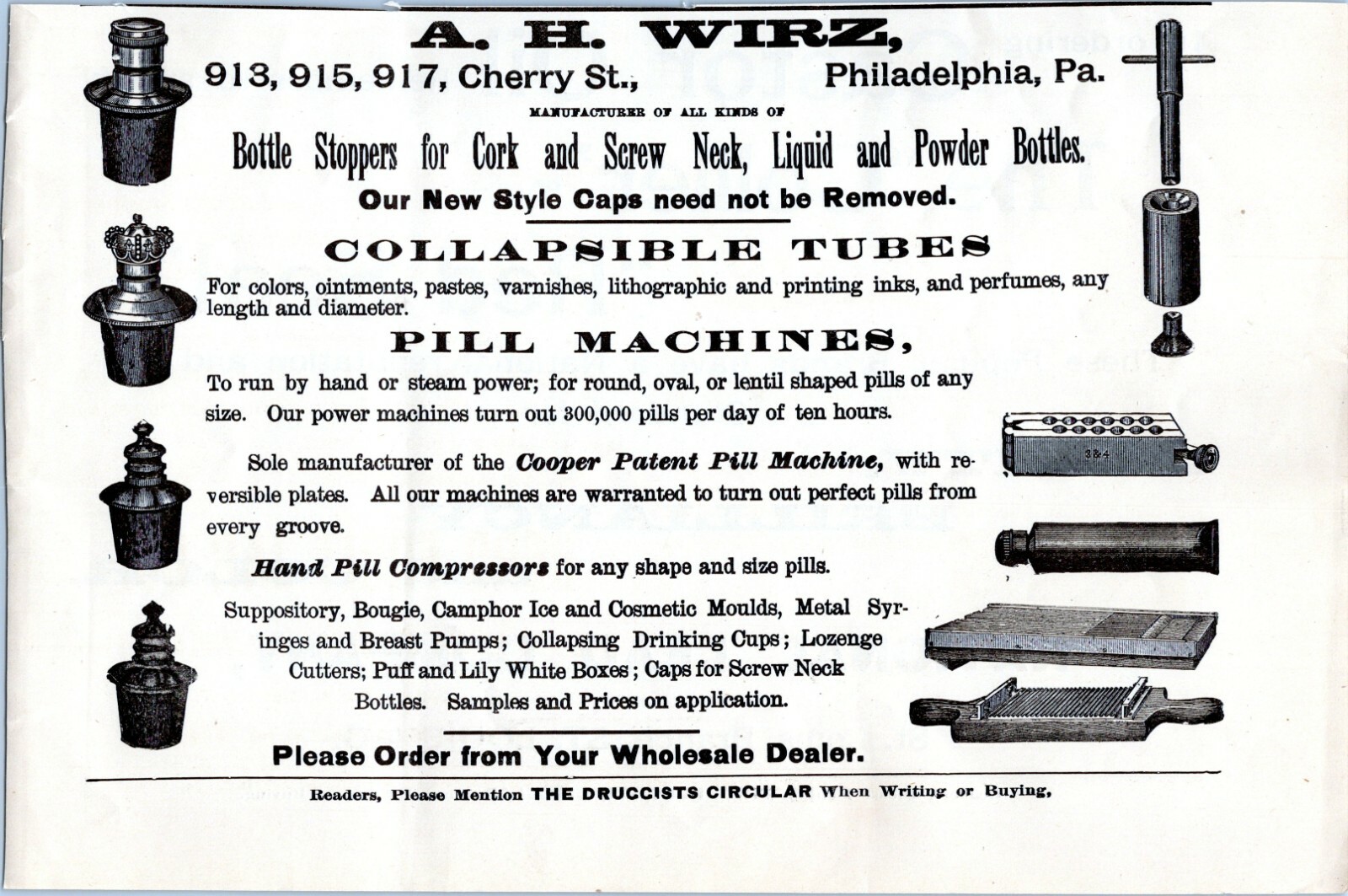 Vintage Print Ad A.H. Wirz Pharmaceutical Pill Machines Philadelphia 1896