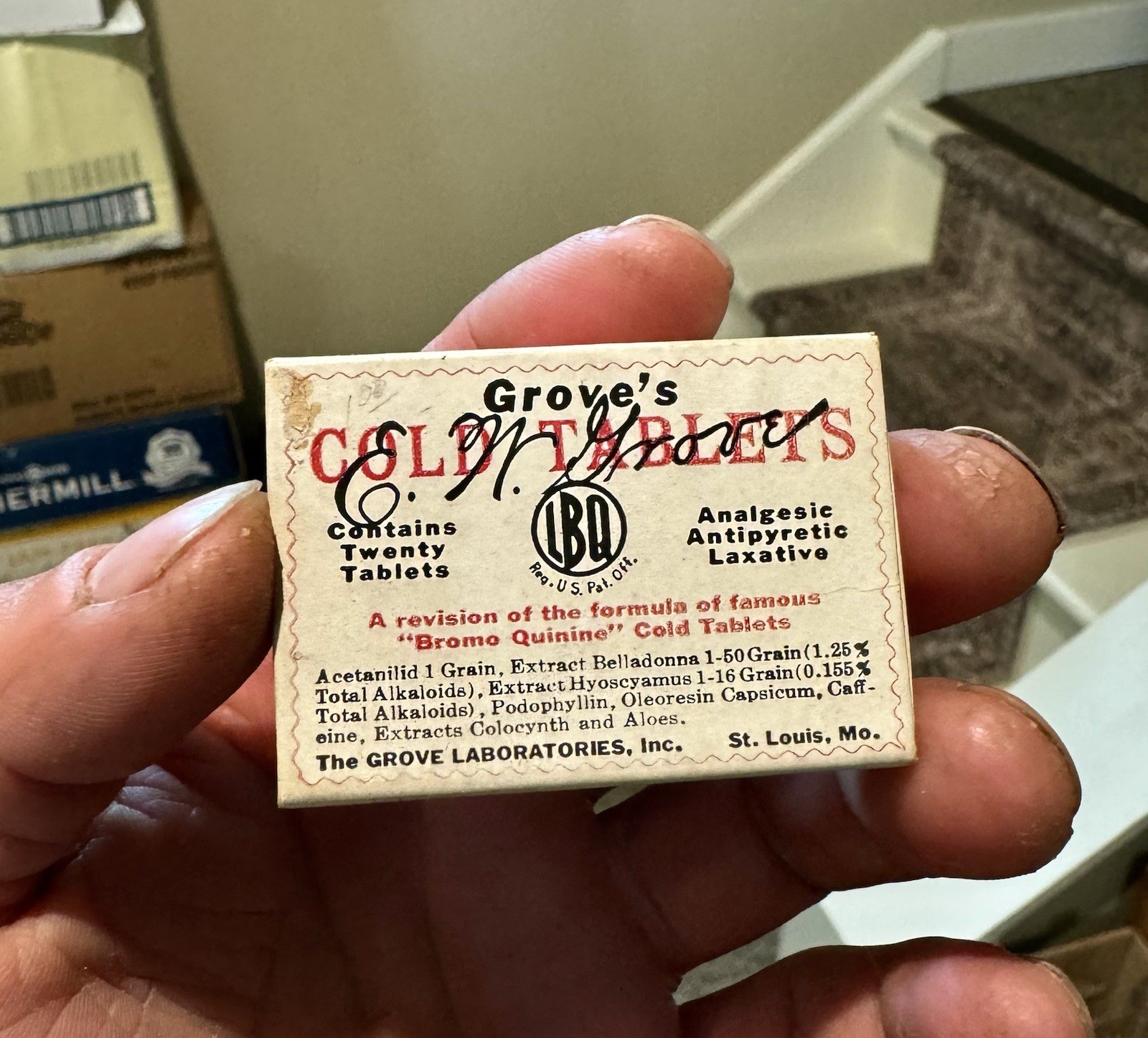 Grove’s Bromo Quinine Cold Tablets St Louis MO Small Size Sealed Medicine Box