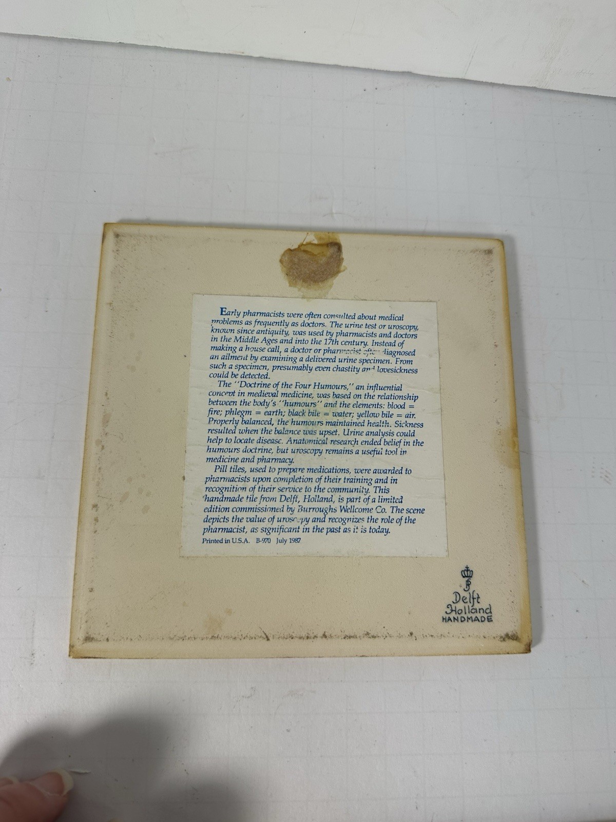 Vintage Blue Delft Tile Uroscopy Pharmacy Scholarship Program Apothecary 8 READ