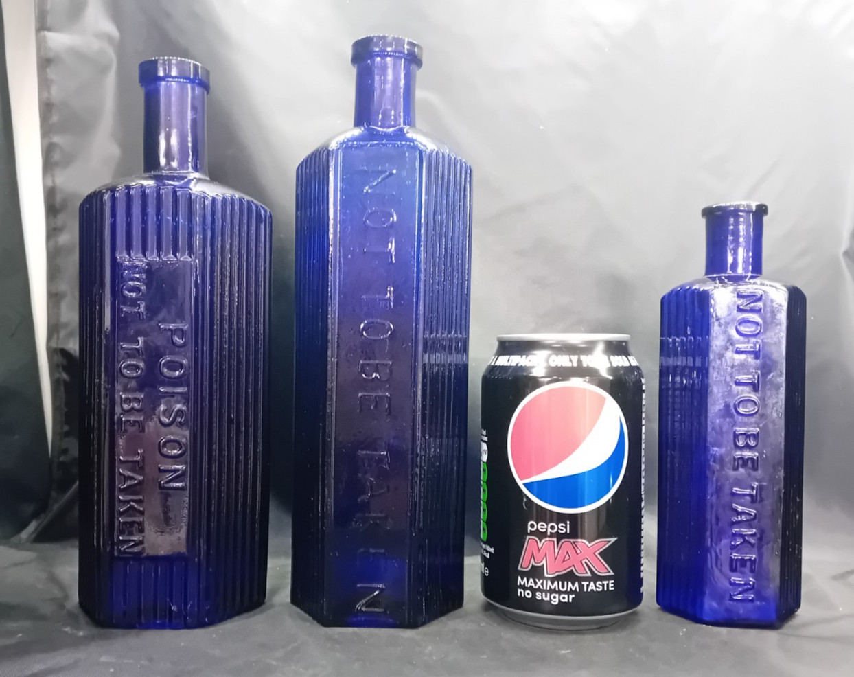 3 Antique Vintage Cobalt Blue Glass Poison Chemist Pharmacy Bottles 2 x 20oz