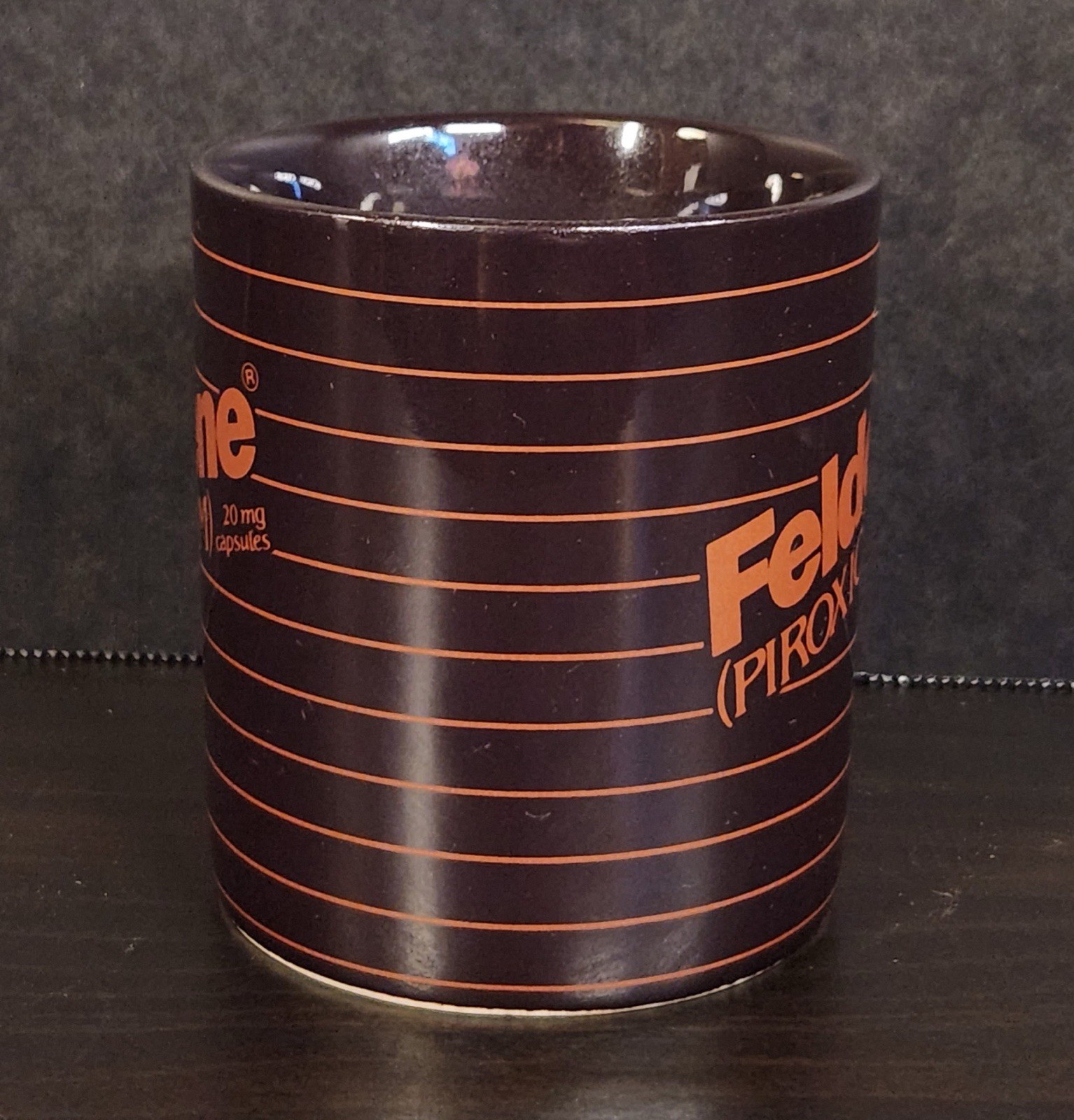 Vintage Feldene Piroxicam 20mg Pharmaceutical Advertising Coffee Mug Brown Promo