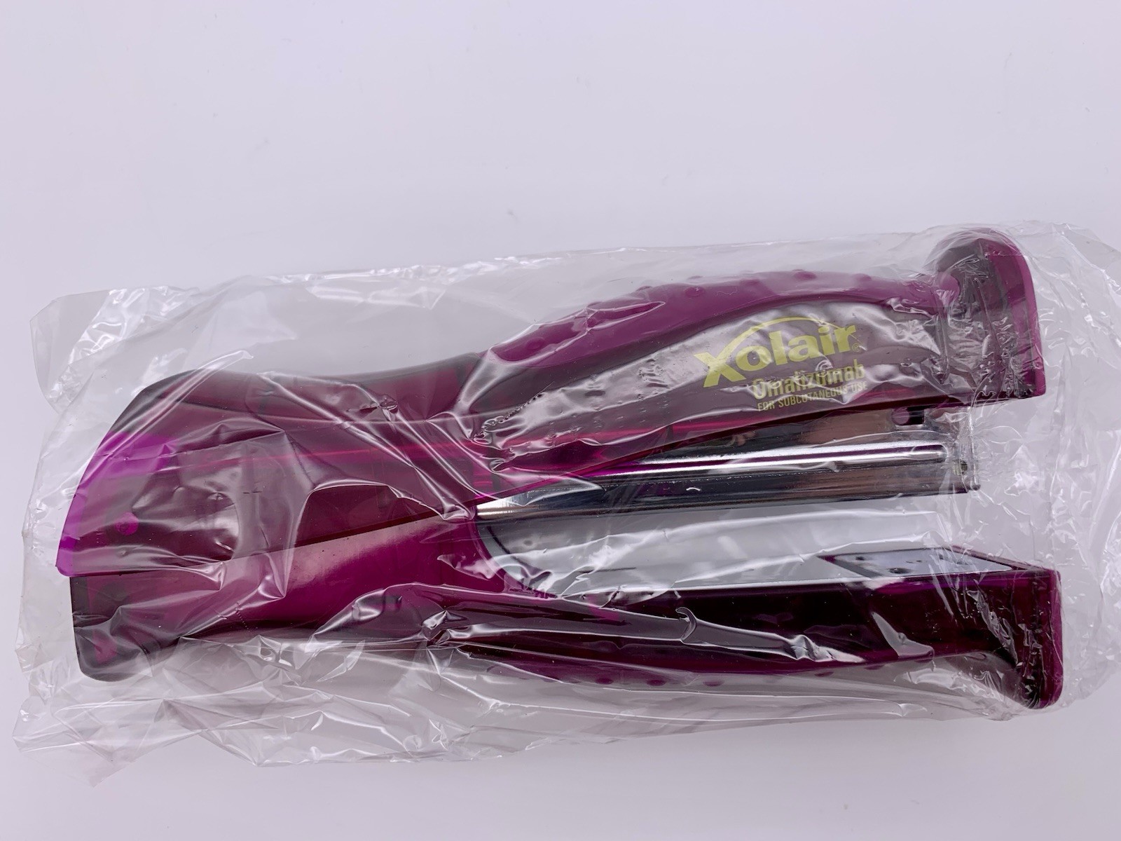 Vtg New in Box Xolair Purple Stapler Logo Both Sides, 6″ Upright Pharma Drug Rep